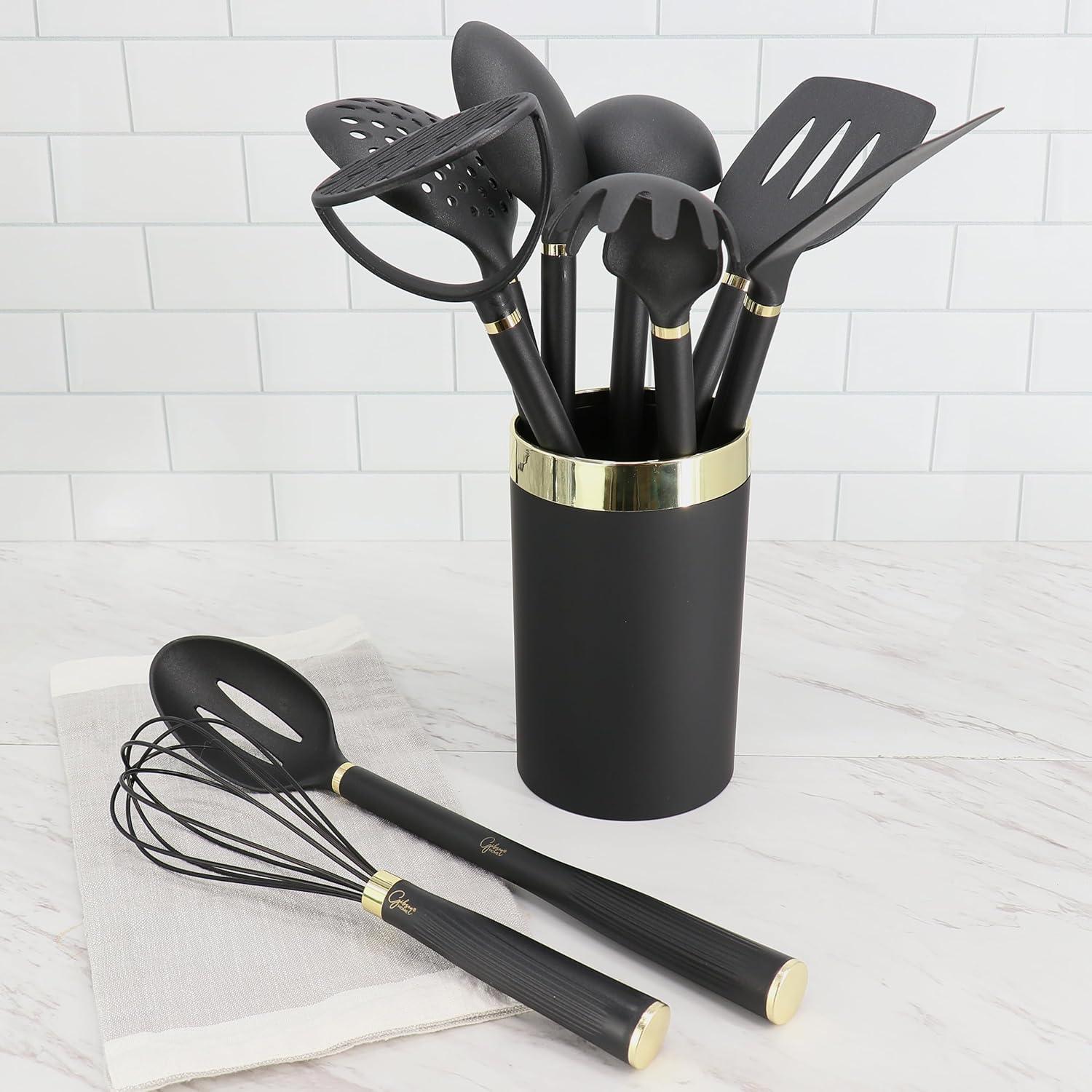 Gibson Home Hampsbridge 10 Piece Nylon Kitchen Tool Set and Utensil Crock in Black and Gold