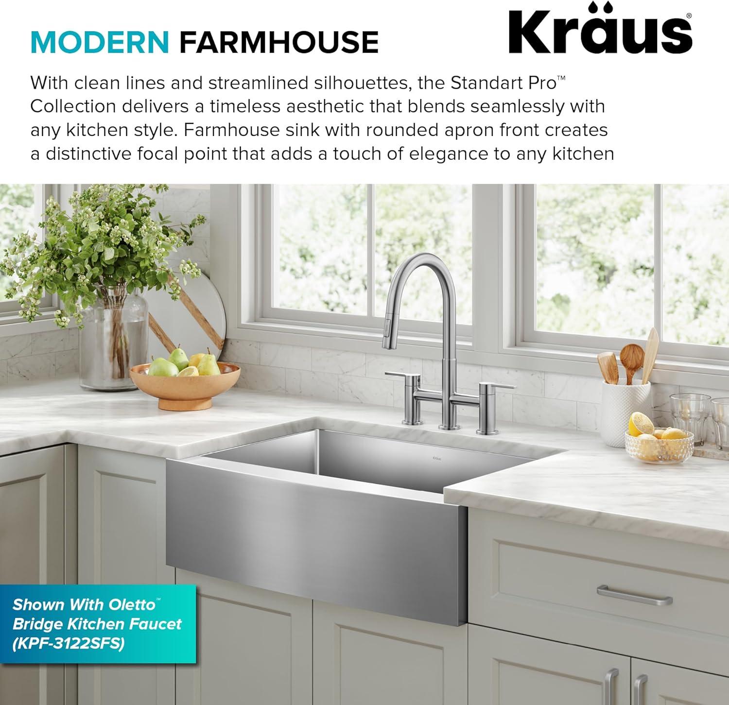 KRAUS Standart Pro Apron Front Farmhouse 16 Gauge Single Bowl Stainless Steel Kitchen Sink