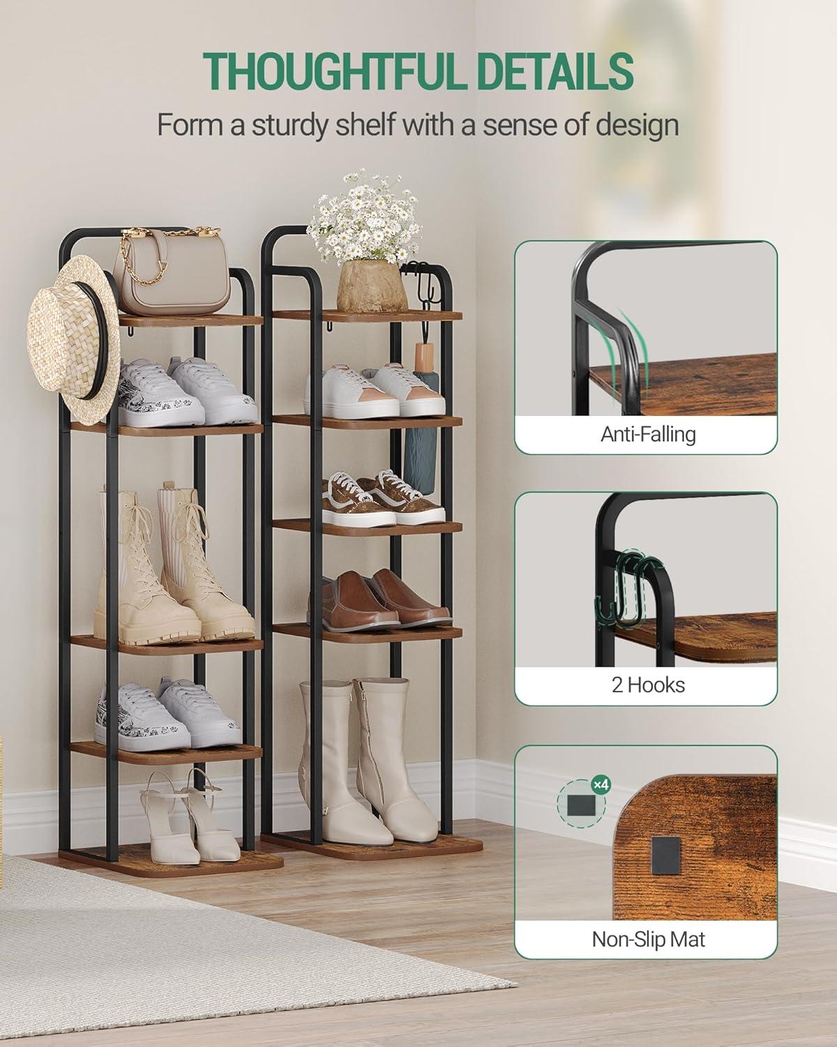 Vertical Shoe Rack, Shoe Shelves, Wood Shoe Organizer For Closet, Entryway, Shoe Tower For Small Spaces, Free Standing, Adjustable, With 2 Hooks, 6 Tier Rustic Brown