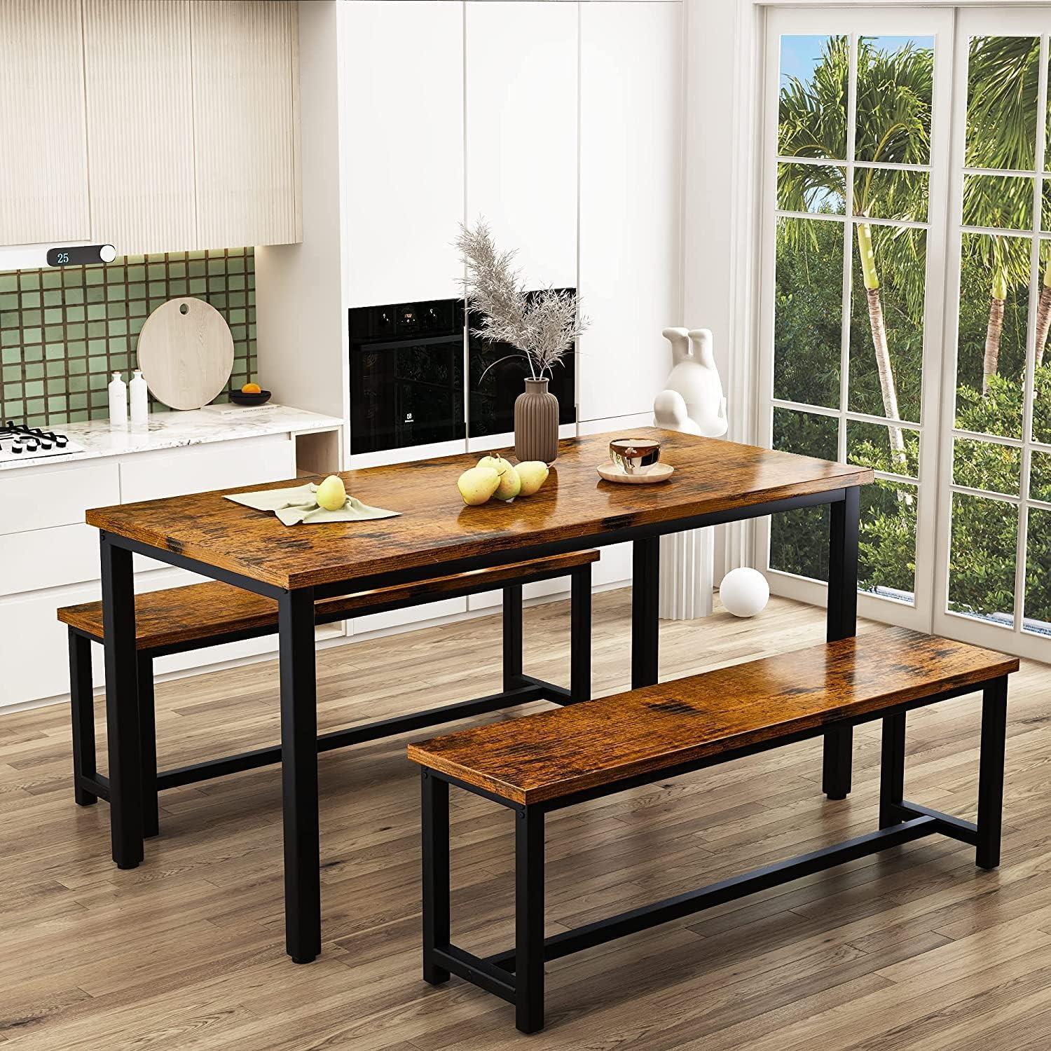 Rustic Brown Wood and Black Metal Dining Table Set with Benches