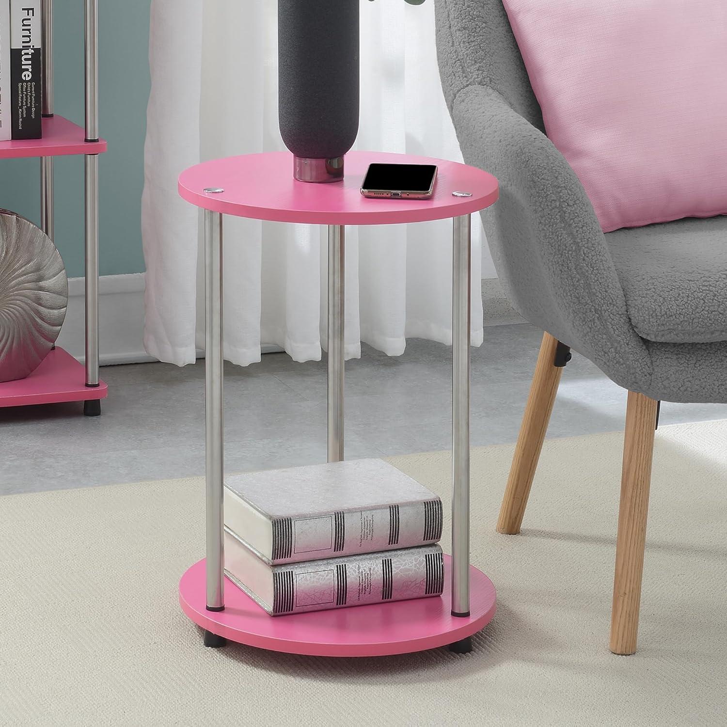 Pink and Chrome Round Two-Tier End Table