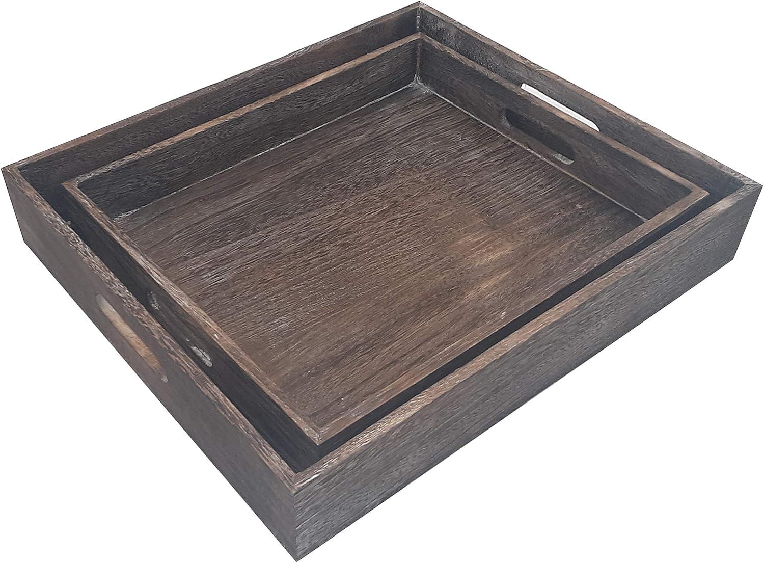 Set of 2 Rustic Dark Brown Wooden Serving Trays