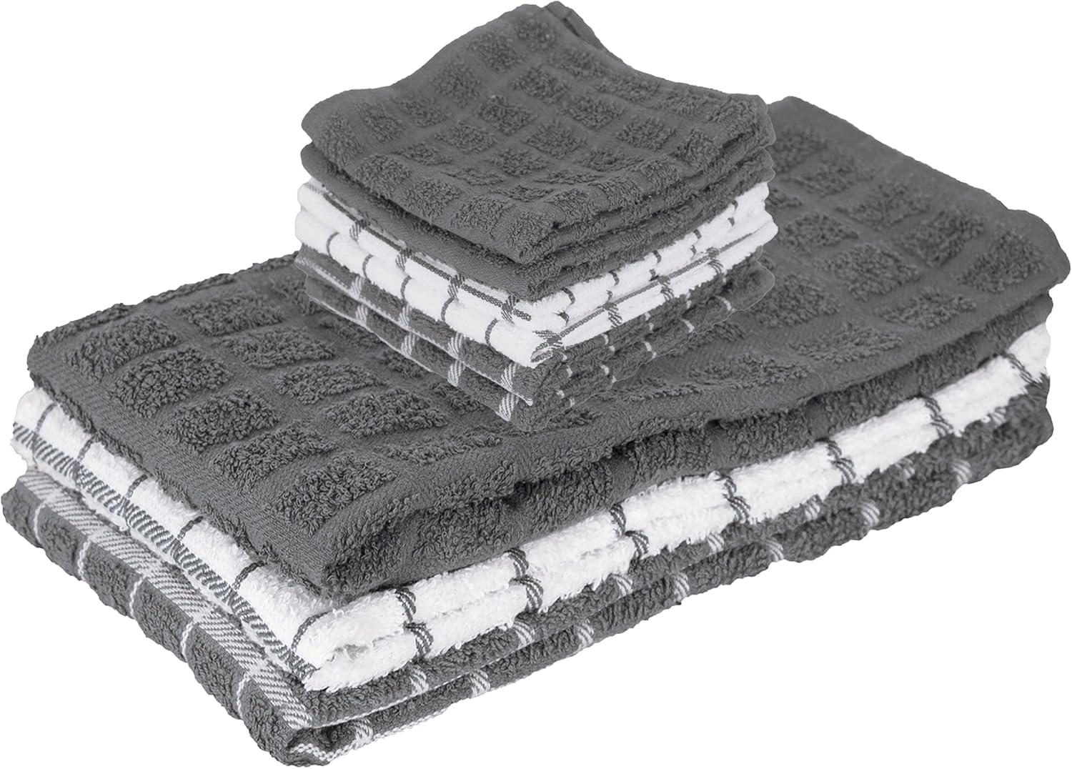 John Ritzenthaler Co. Ritz 3-Pack Terry Check Kitchen Towel Set and 6-Pack Terry Check Dish Cloth Set, Grey