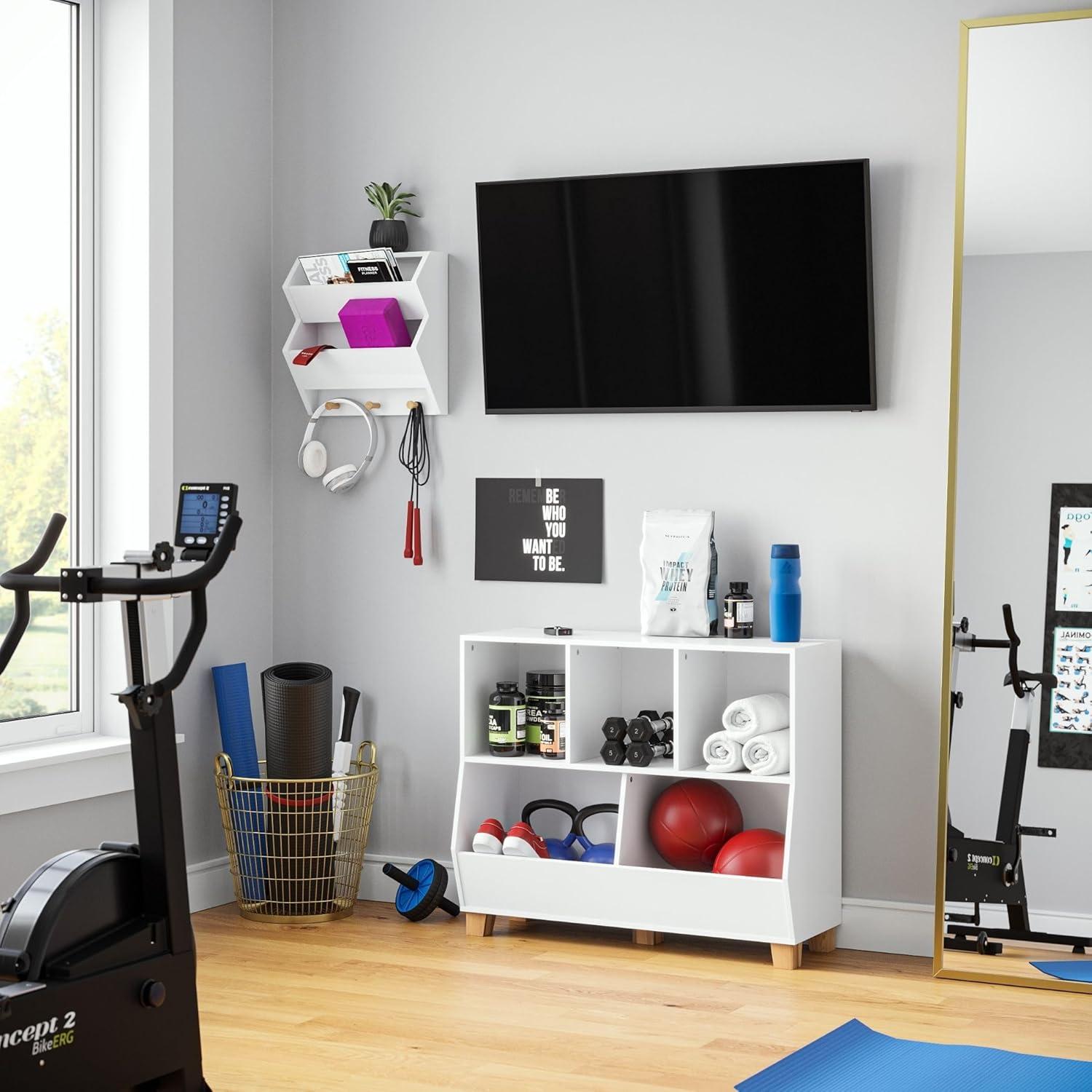 RiverRidge Home RiverRidge Kids Catch-All Wall Bookshelf with 2 Toy Storage Cubbies and 3 Wooden Hooks for Playroom, Nursery, and Reading Nook - White