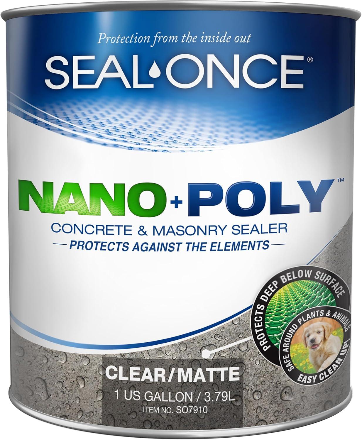 SEAL-ONCE Nano + Poli Hormigón y Mampostería Penetrante Sellador E Impermeabilizante, 1 Galón, VOC Baja, a Base de Agua With Poliuretano - Proteger Entradas, patios, Hormigón Estampado, Ladrillos y Adoquines.