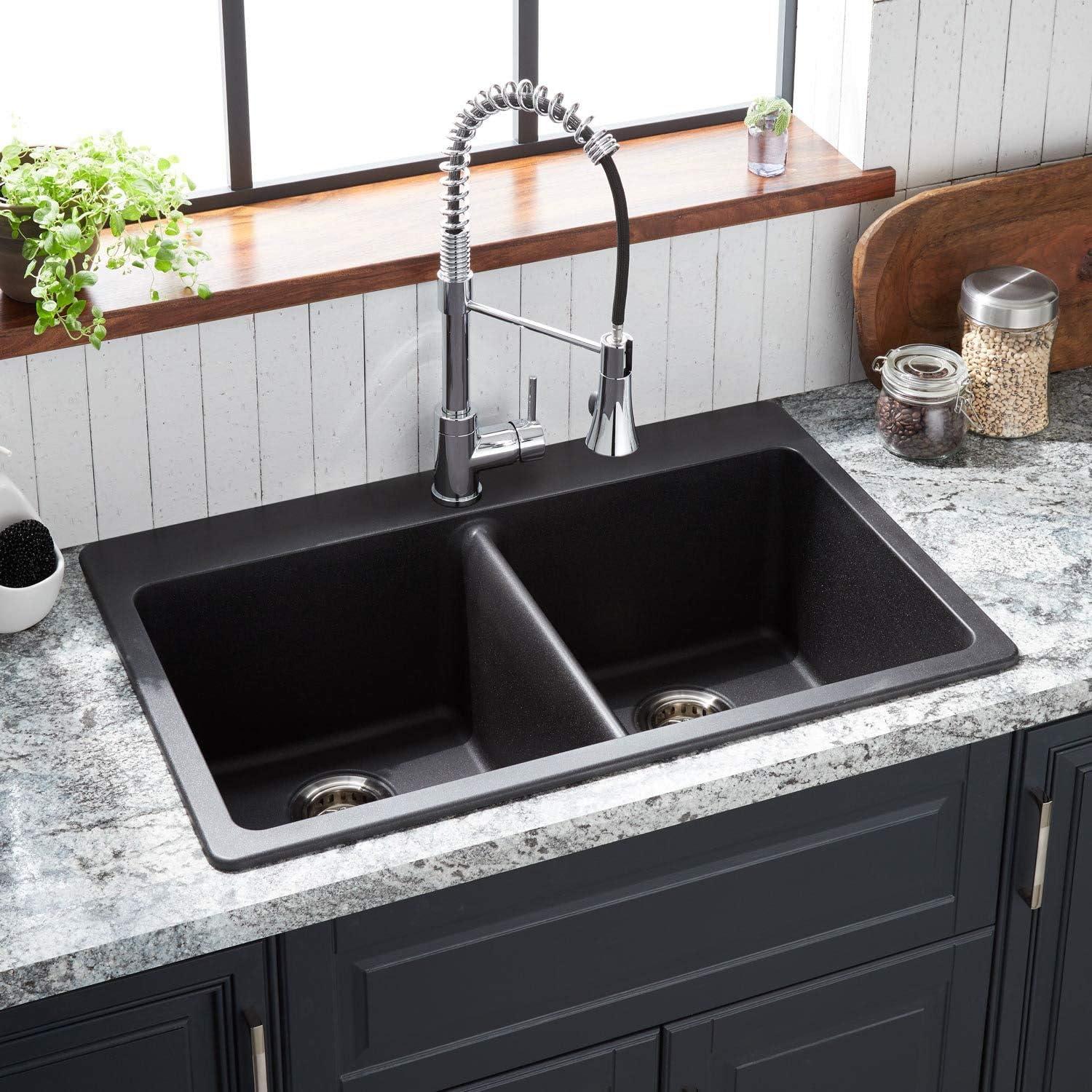 Totten 33" Black Granite Composite Double Bowl Undermount Sink