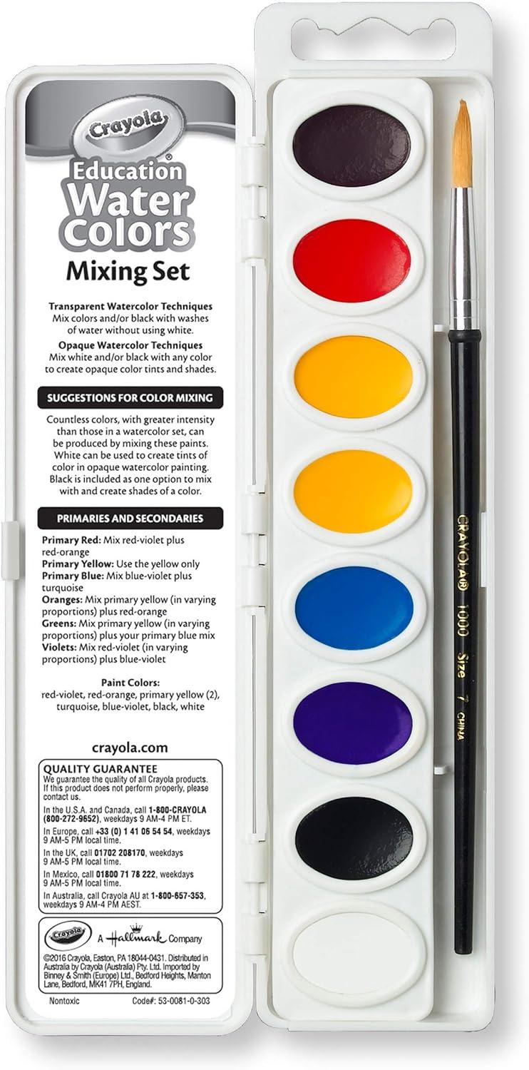 Crayola Education Non-Toxic Washable Watercolor Mixing Set, Plastic Oval Pan, Assorted Color, Set of 8