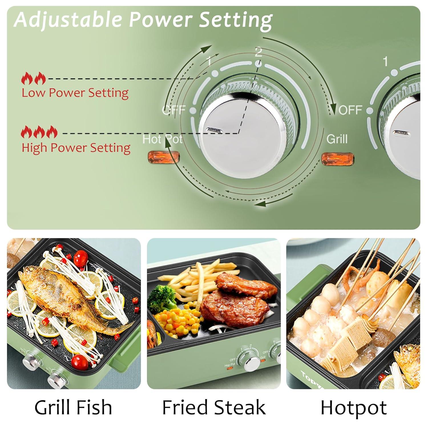 Topwit Hot Pot Electric with Grill, 2 in 1 Indoor Non-Stick Electric Pot and Griddle for Korean BBQ, Steaks, Shabu Shabu and Noodles, Independent Dual Temperature Control, Fast Heating, Green