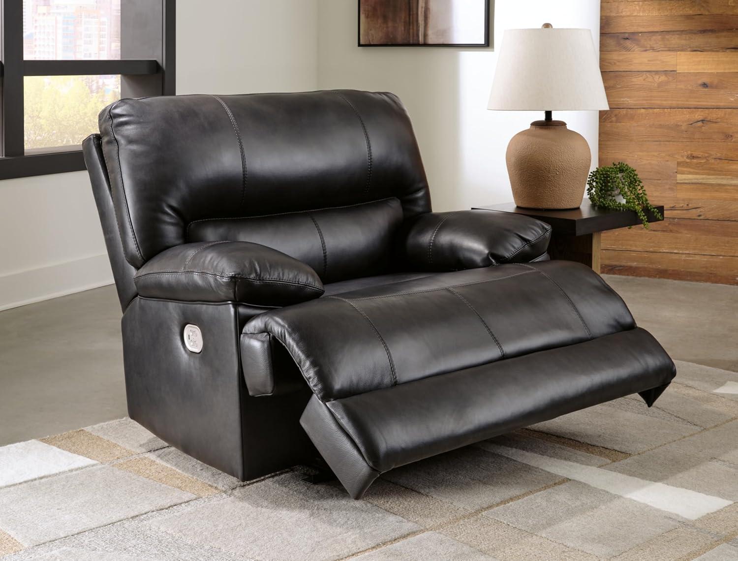 Black Leather and Metal Power Recliner with Adjustable Headrest