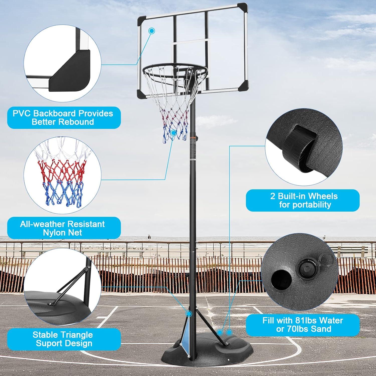 32'' Portable Basketball Hoop System, Upgraded SEGMART Indoor Outdoor Basketball Goal with 7.5ft-9.2ft Height Adjustable, Basketball Hoop Stand with 2 Wheels, Fillable Base for Youth Adults