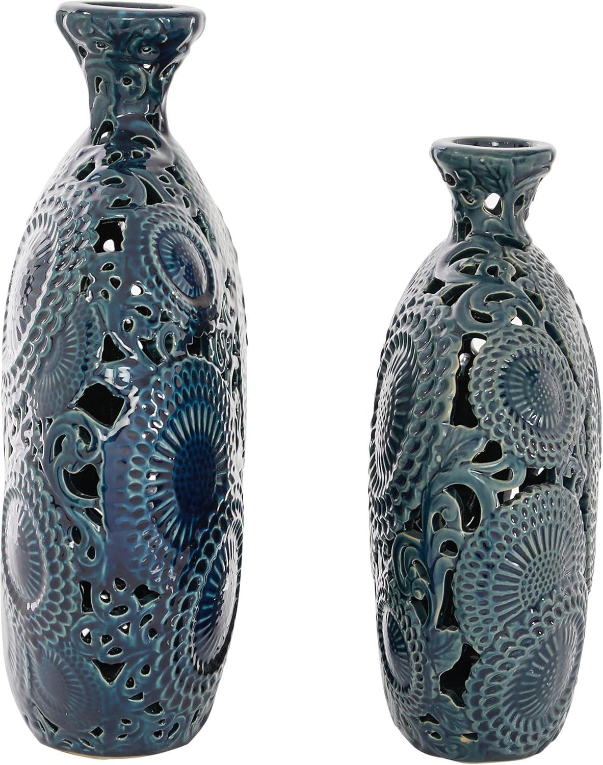 DecMode 16", 13"H Floral Blue Ceramic Vase with Cut Out Patterns, Set of 2