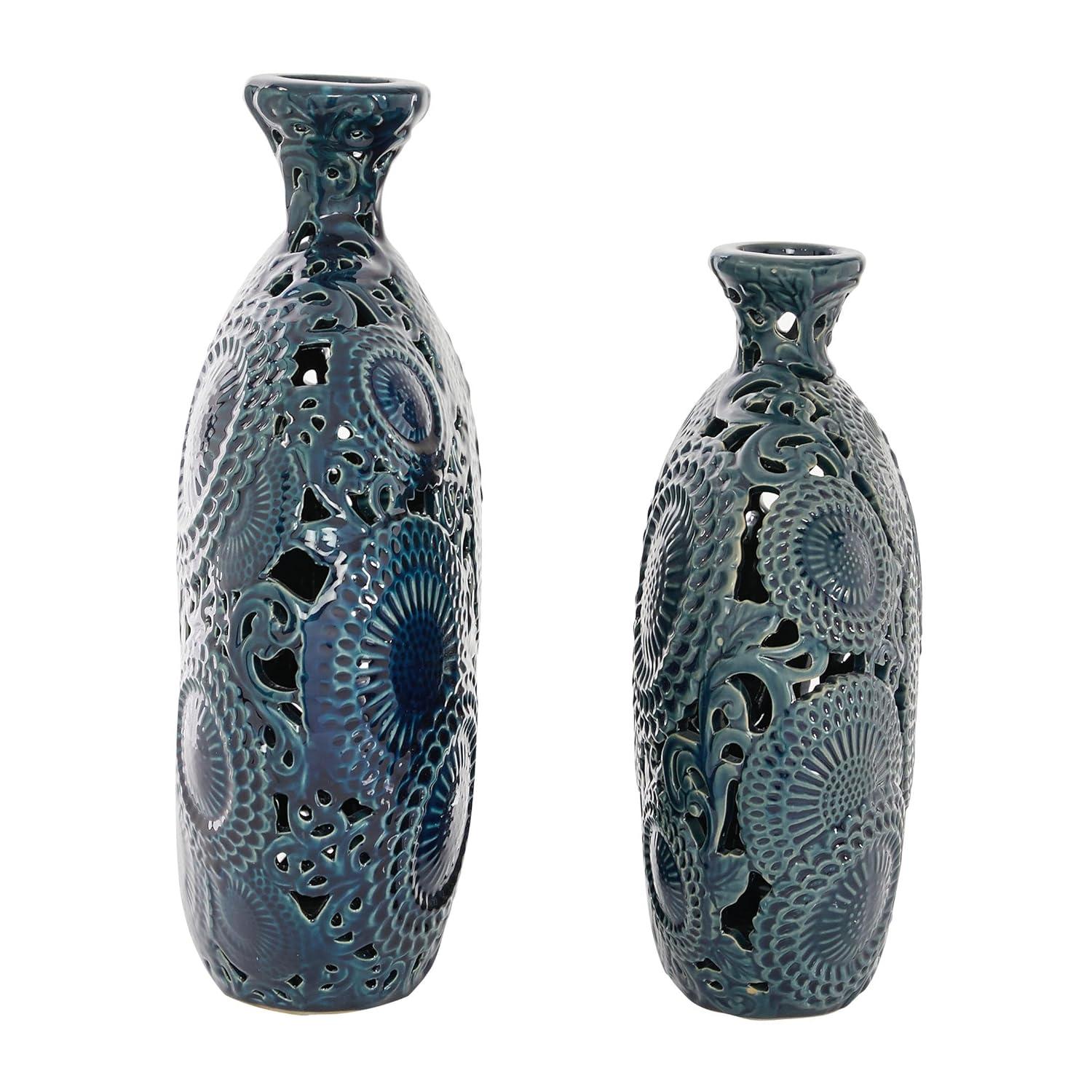 DecMode 16", 13"H Floral Blue Ceramic Vase with Cut Out Patterns, Set of 2