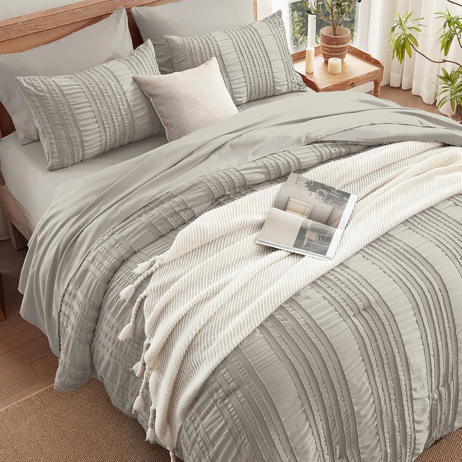 Gray Ruched Ruffle Queen Comforter Set with Pillowcases and Sheets