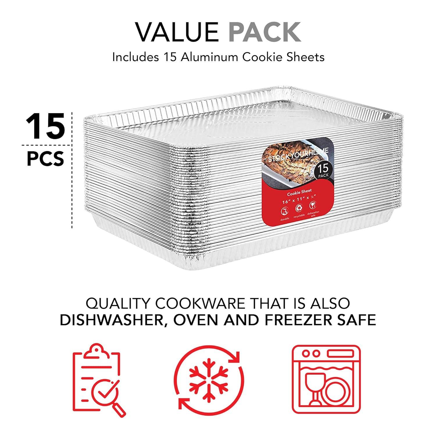 Stock Your Home Aluminum Pans Cookie Sheet Baking Pans (15 Pack) Disposable Aluminum Foil Trays - Reusable and Durable Nonstick Baking Sheets – Disposable Cookie Sheet Foil Pans - 16 Inch x 11 Inch