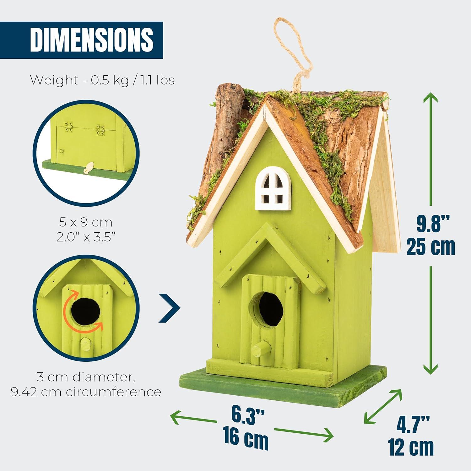 MEKKAPRO Rustic Handcrafted Wooden Birdhouse with Natural Moss Detail - Inviting Garden Sanctuary for Birds