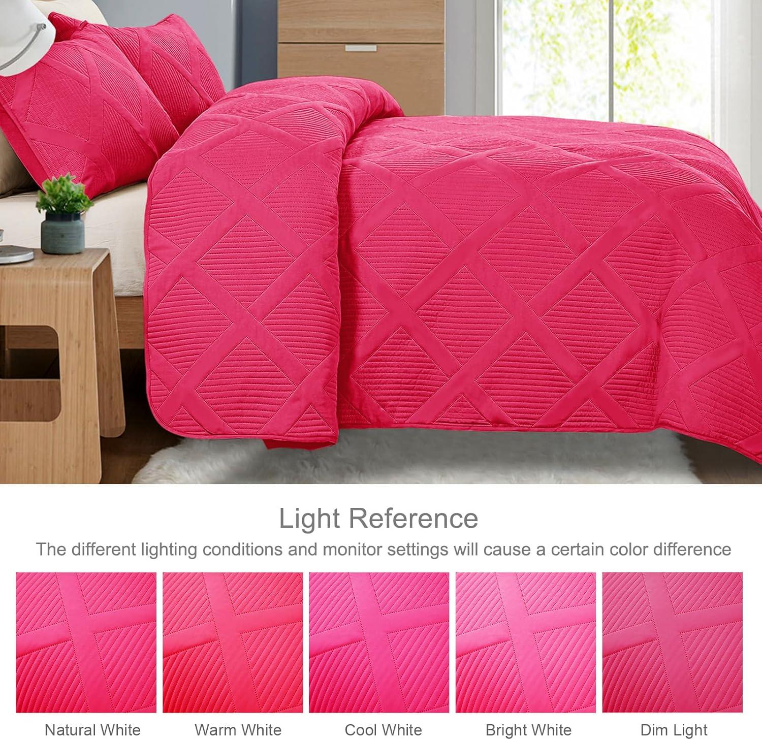 Exclusivo Mezcla Ultrasonic Twin Quilt Set, 2-Piece Lightweight Bedspreads Modern Striped Coverlet, Hot Pink