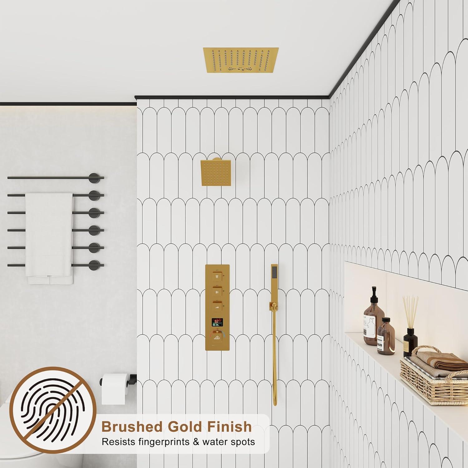 Rodeo 27.5-Inch LED&Music Rainfall Thermostatic Shower System with Slide Bar and 2-in-1 Handheld