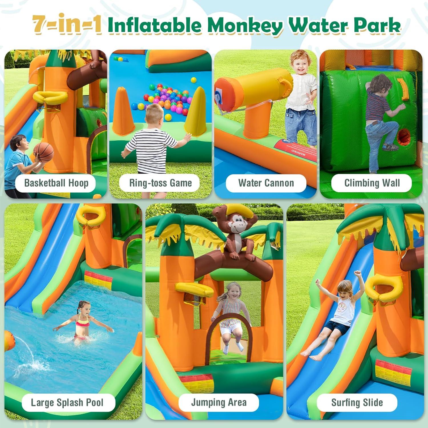 Costway Inflatable Water Slide Park Monkey Bounce House Splash Pool with 735W Blower