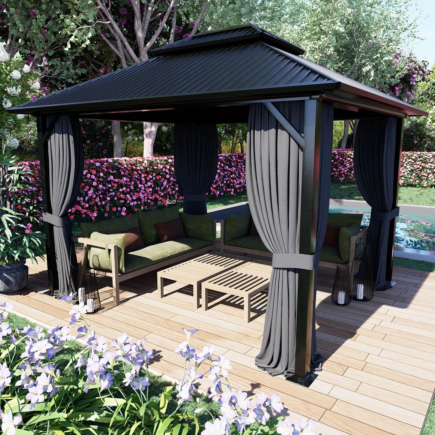 Aoodor Gazebo Curtain Replacement - Universal 4-Panel Sidewalls 10' x 13', Patio Privacy Curtains with Double Zipper, UV Resistant, Perfect for Outdoor Canopy, Garden, and Backyard (Curtain Only) Grey