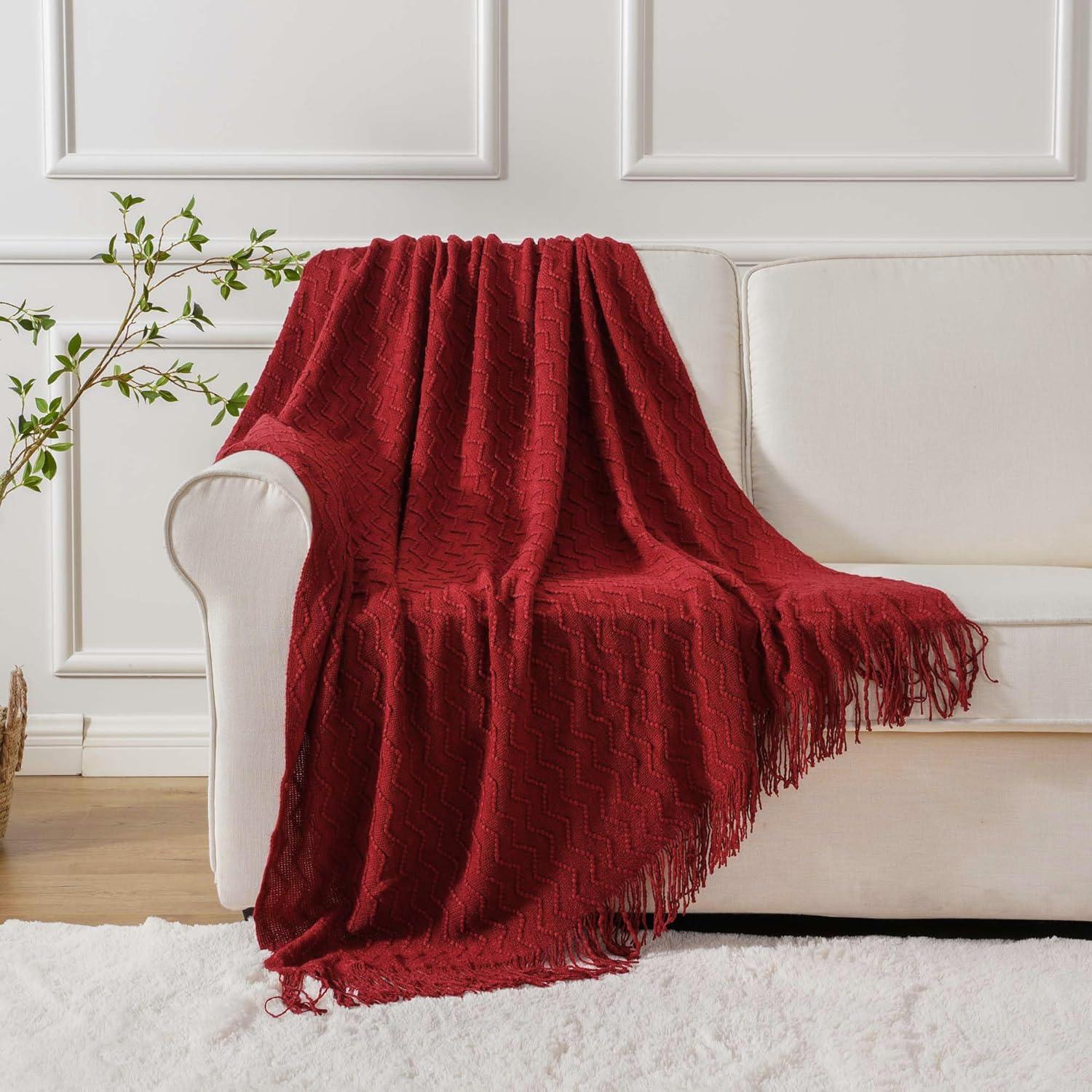 RPQZ Maroon Red Knit Throw Blanket Couch, Soft Knitted Boho Farmhouse Home Decor Woven Throw, Cozy Decorative Afghan Bed Sofa, Outdoor Summer Fall Gift Lightweight, Burgundy Wine Cranberry, 50x60