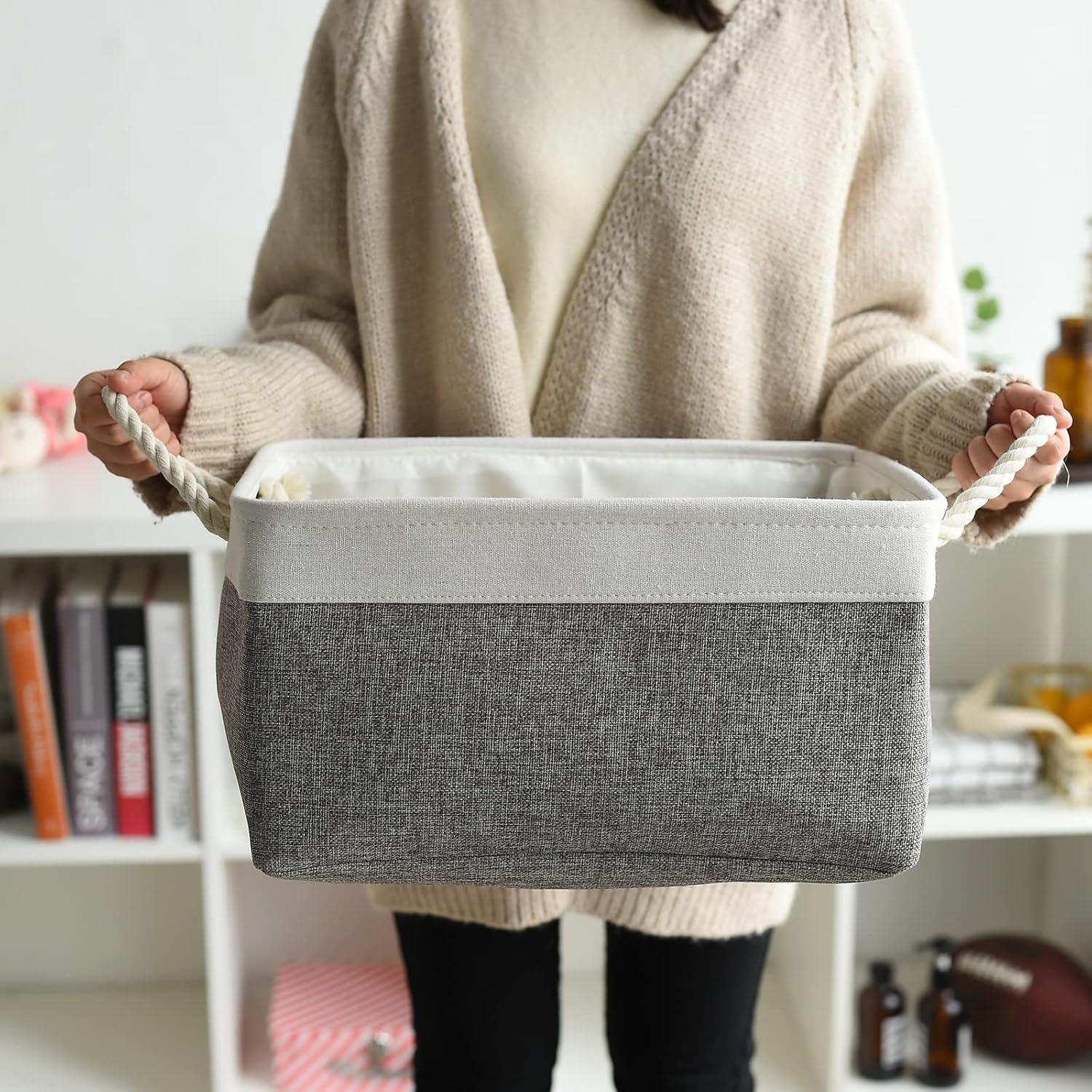 Large White and Gray Canvas Collapsible Storage Bins, 3-Pack