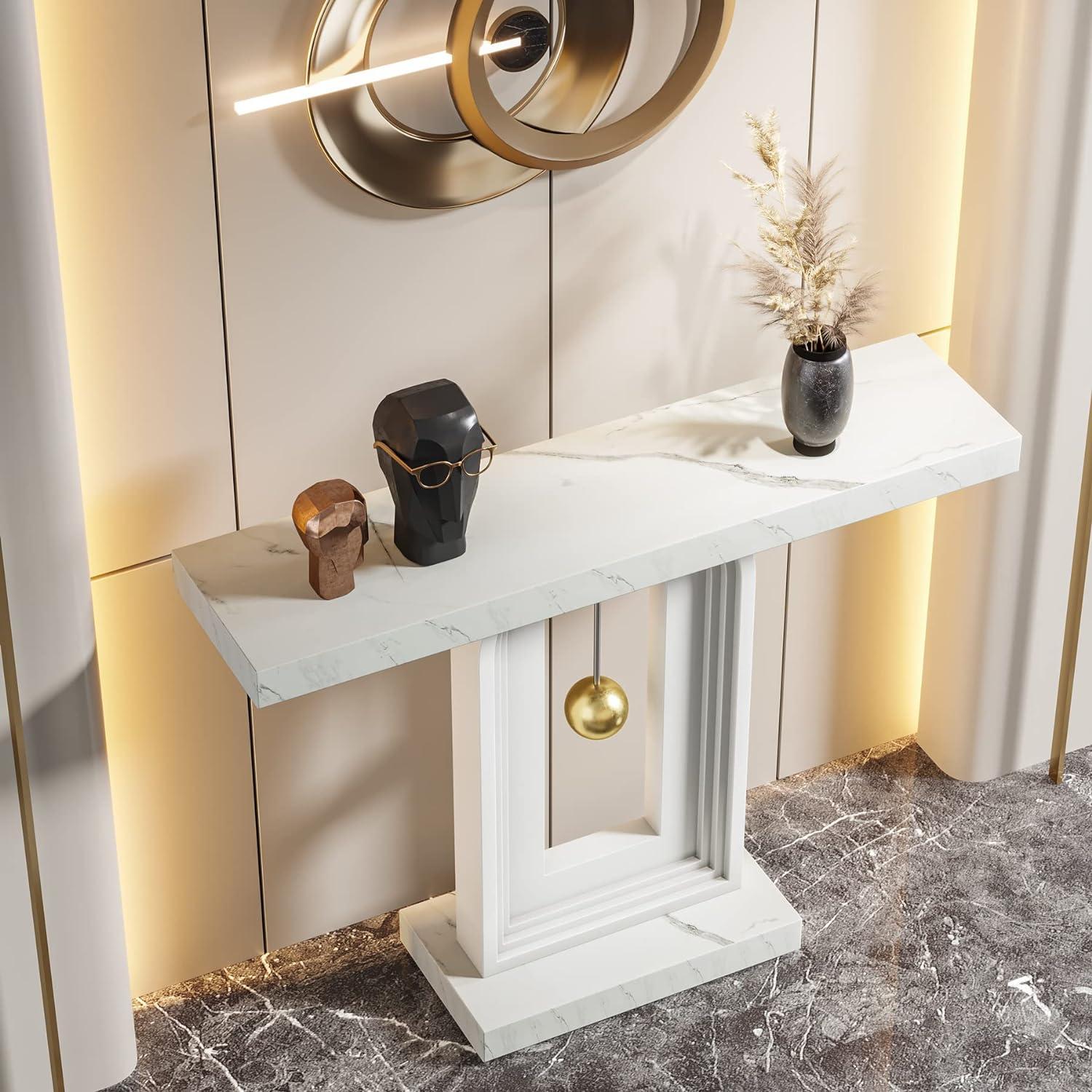 Modern White Faux Marble Console Table with Geometric Base