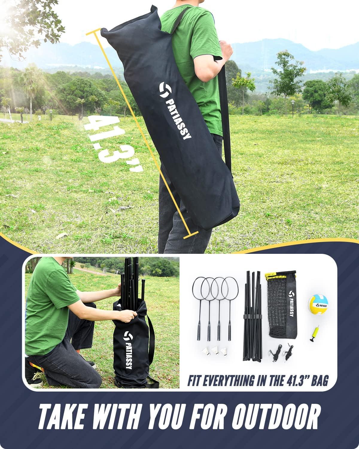 17FT Badminton Volleyball Combo Net Set for Backyard, 5.1ft-7.4ft Adjustable Heigh Portable Sports Net with Poles, 4 Badminton Rackets, 3 Shuttlecocks and Volleyball for Driveway Game