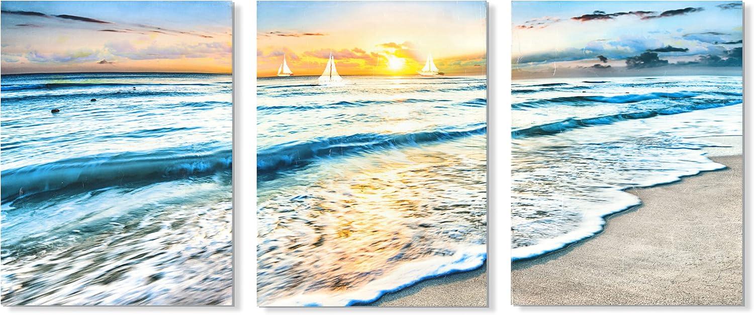 Asdg12s-3 Panel Wall Art Blue Sea Sunset White Beach Painting The Picture Print On Canvas Seascape The Pictures for Home Decor Decoration,Ready to Hang