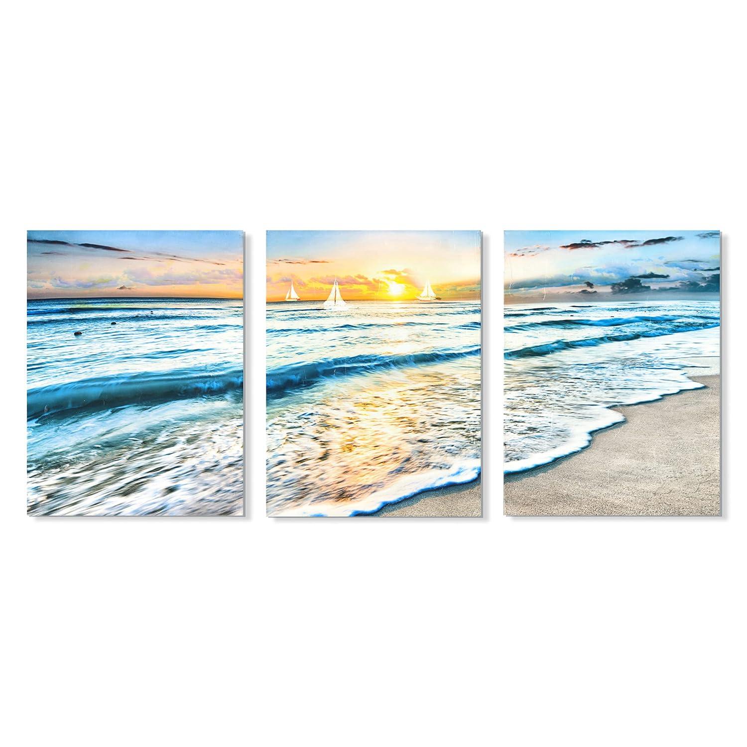 Asdg12s-3 Panel Wall Art Blue Sea Sunset White Beach Painting The Picture Print On Canvas Seascape The Pictures for Home Decor Decoration,Ready to Hang