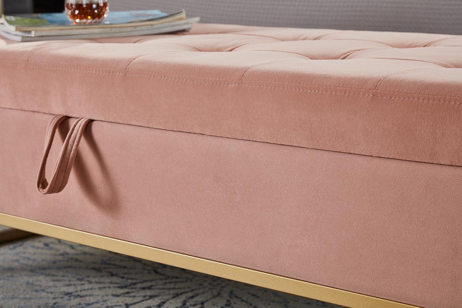 58.6" End of Bed Bench, Storage Bench with Metal Base Holds up to 500 lbs, Button Tufting Design Velvet Upholstered Bedroom Bench for End of Bed, Livingroom, Entryway, Window, Pink