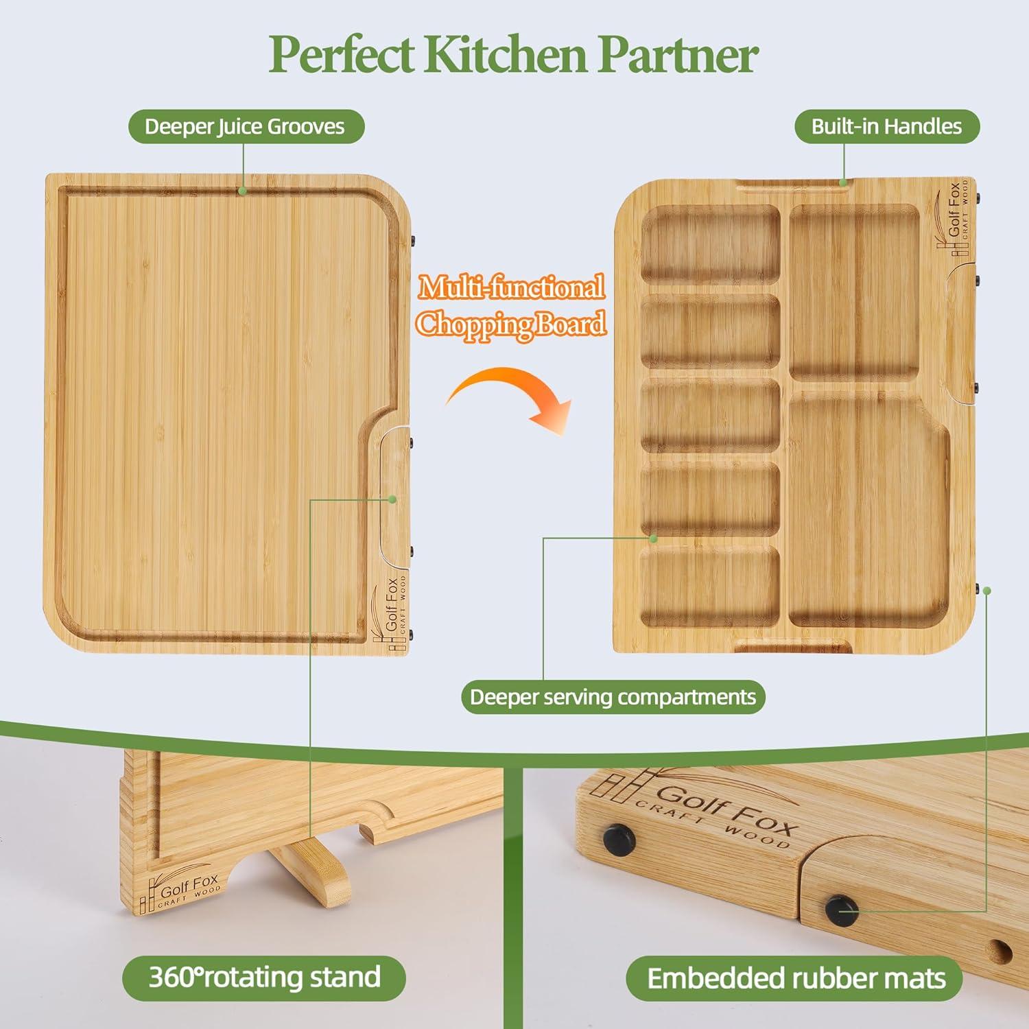 2-PCS Bamboo Cutting Board Set, Wood Cutting Board for Kitchen with Innovative Stand, Juice Groove & Handle, Double Sided for Chopping & Charcuterie Board, Kitchen Gift for Home Cooks, For Meat &Fruit