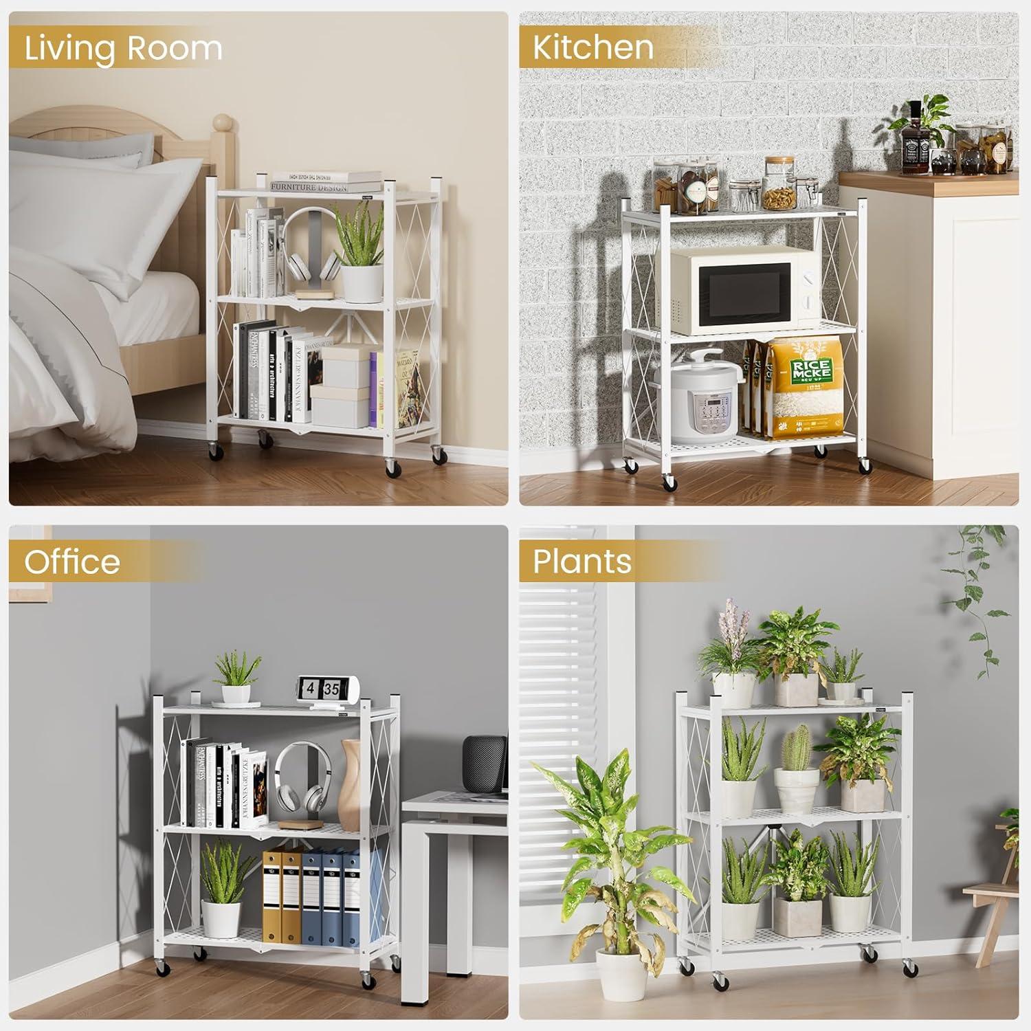 3-Tier Storage Shelves with Wheels, Folding Bookshelf No Assembly, Metal Display Shelf for Balcony, Kitchen, Basement, Pantry, White