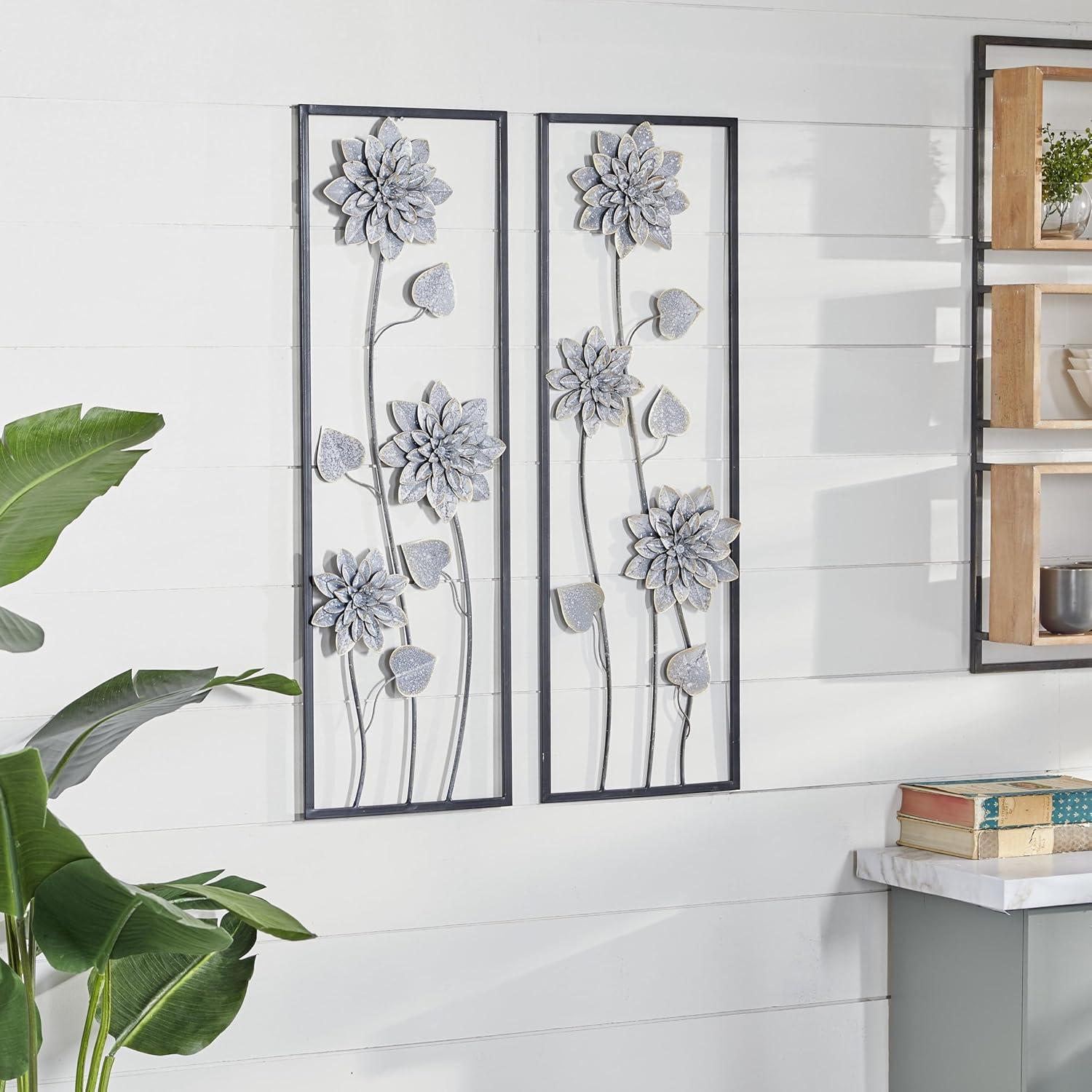 Gray Metal Floral Wall Sculpture with Black Frame, Set of 2