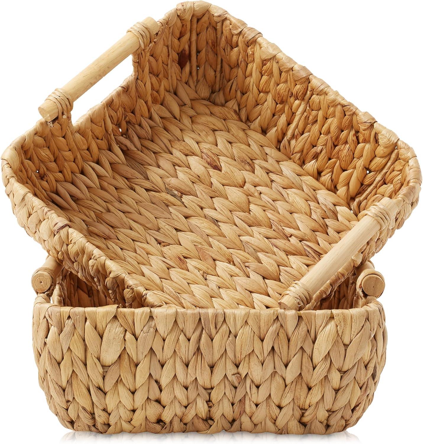 Casafield Water Hyacinth Oval Storage Basket Sets with Wooden Handles, Woven Nesting Bin Organizers