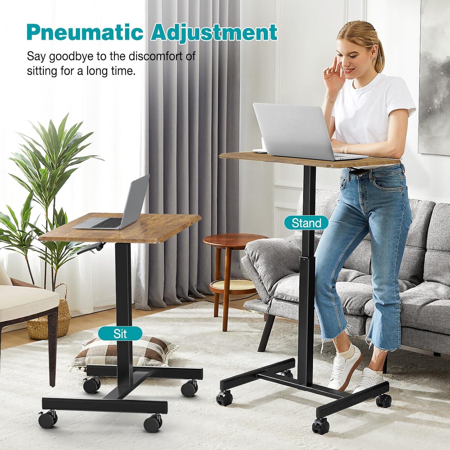 Brown Adjustable Height Rectangular Standing Desk with Wheels