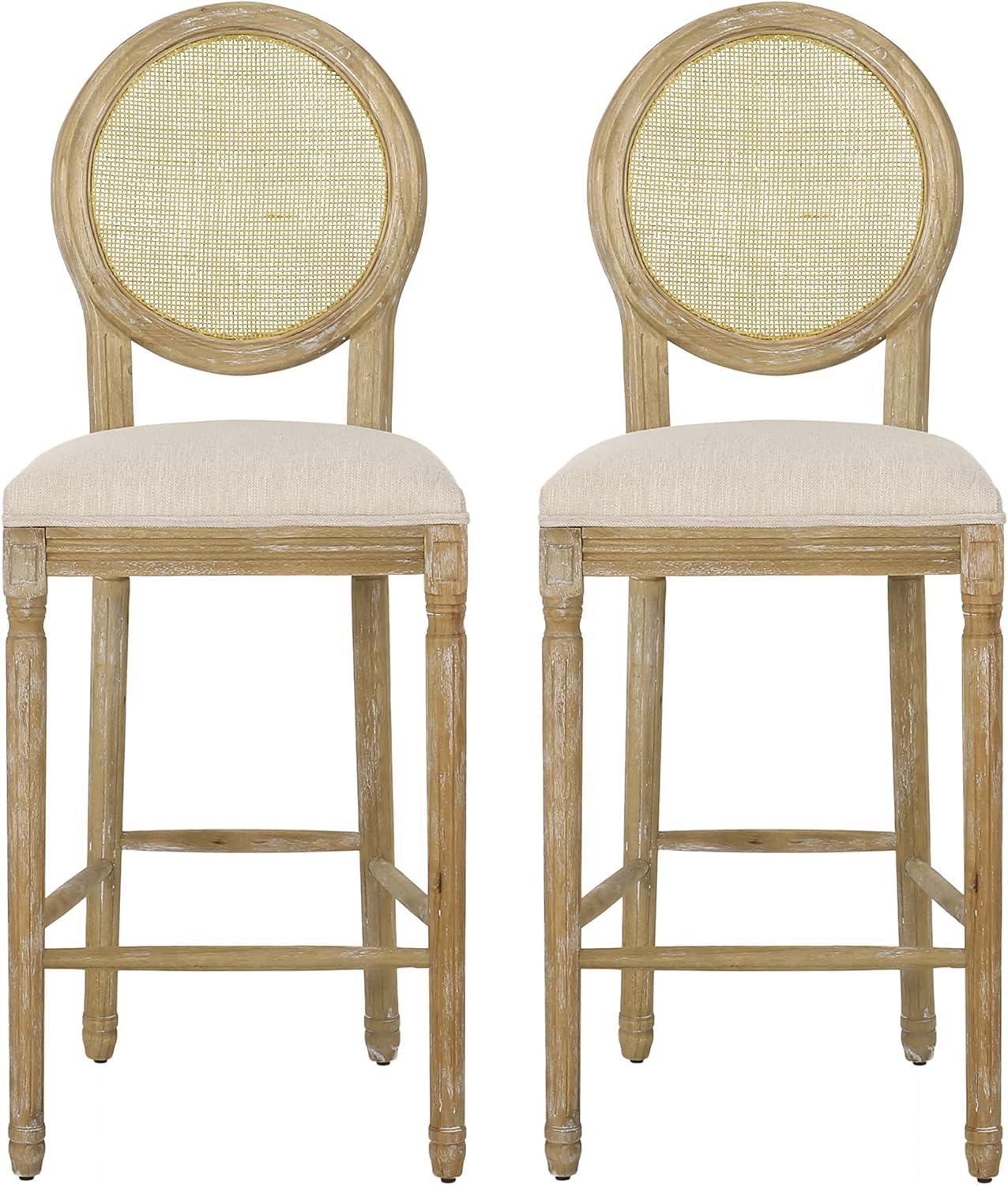 Beige and Natural French Country Wooden Barstools with Wicker Backrest, Set of 2