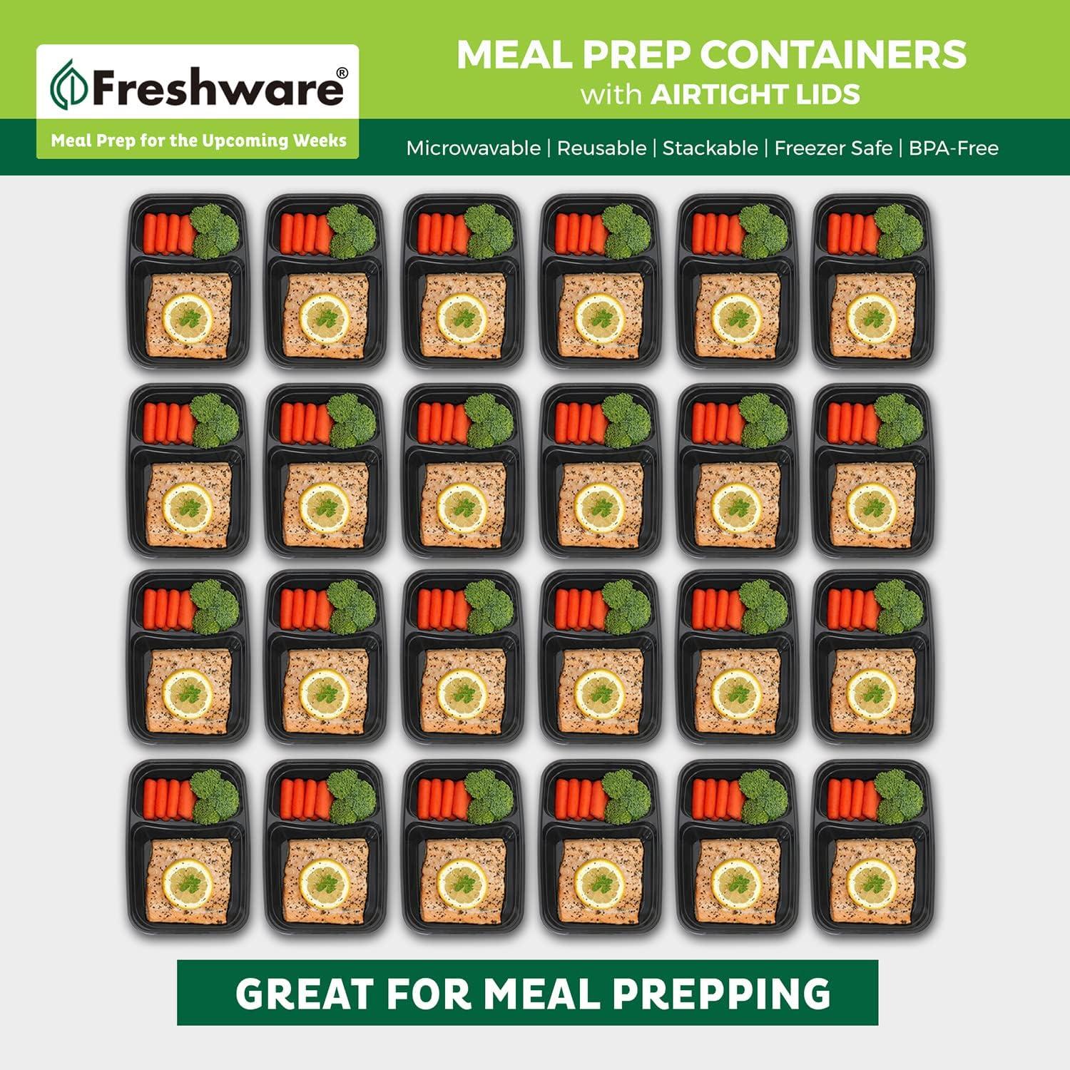 Black BPA-Free Plastic Meal Prep Containers with Divided Storage, 28 oz, Set of 15