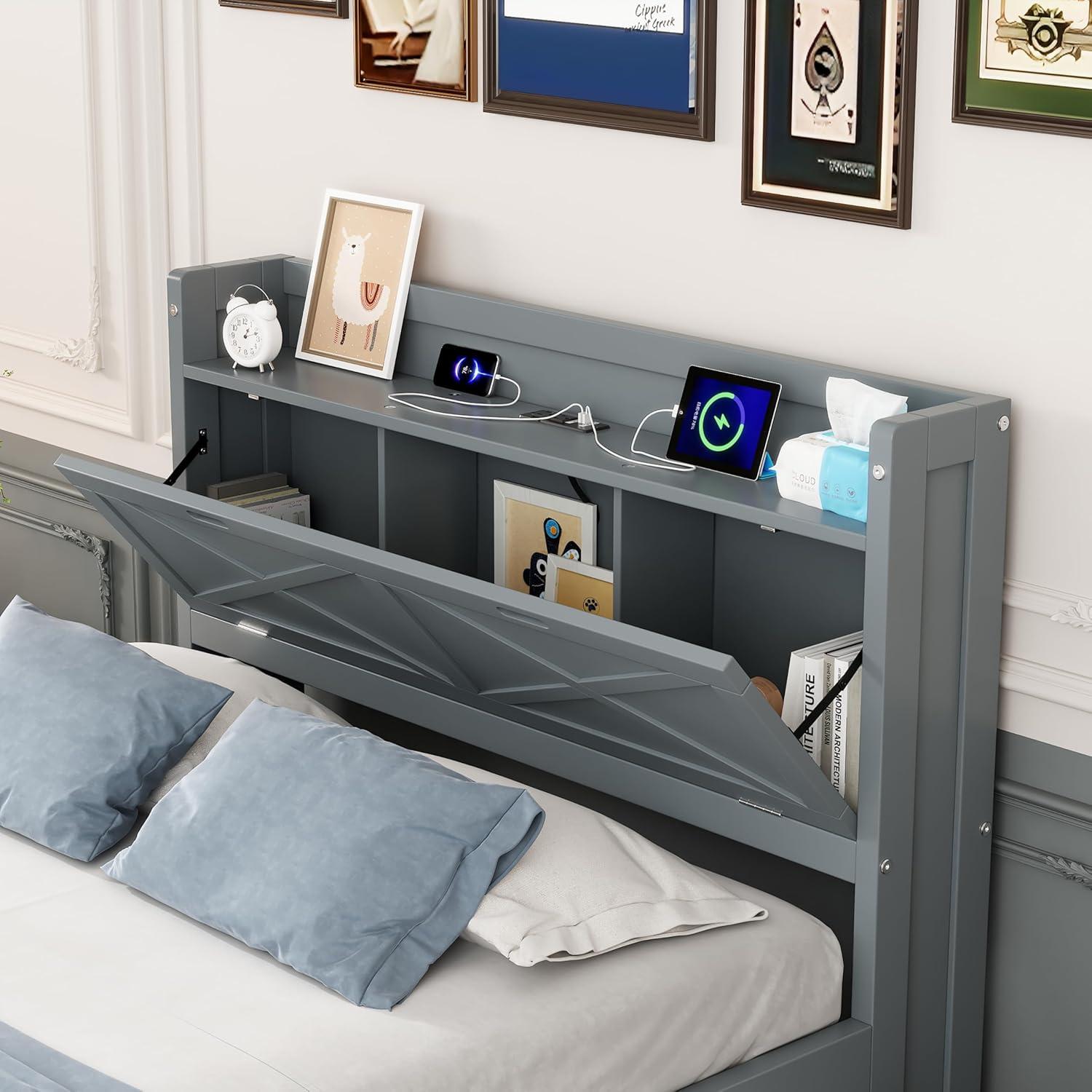 Gray Twin Wood Bed with Storage Drawers and Trundle
