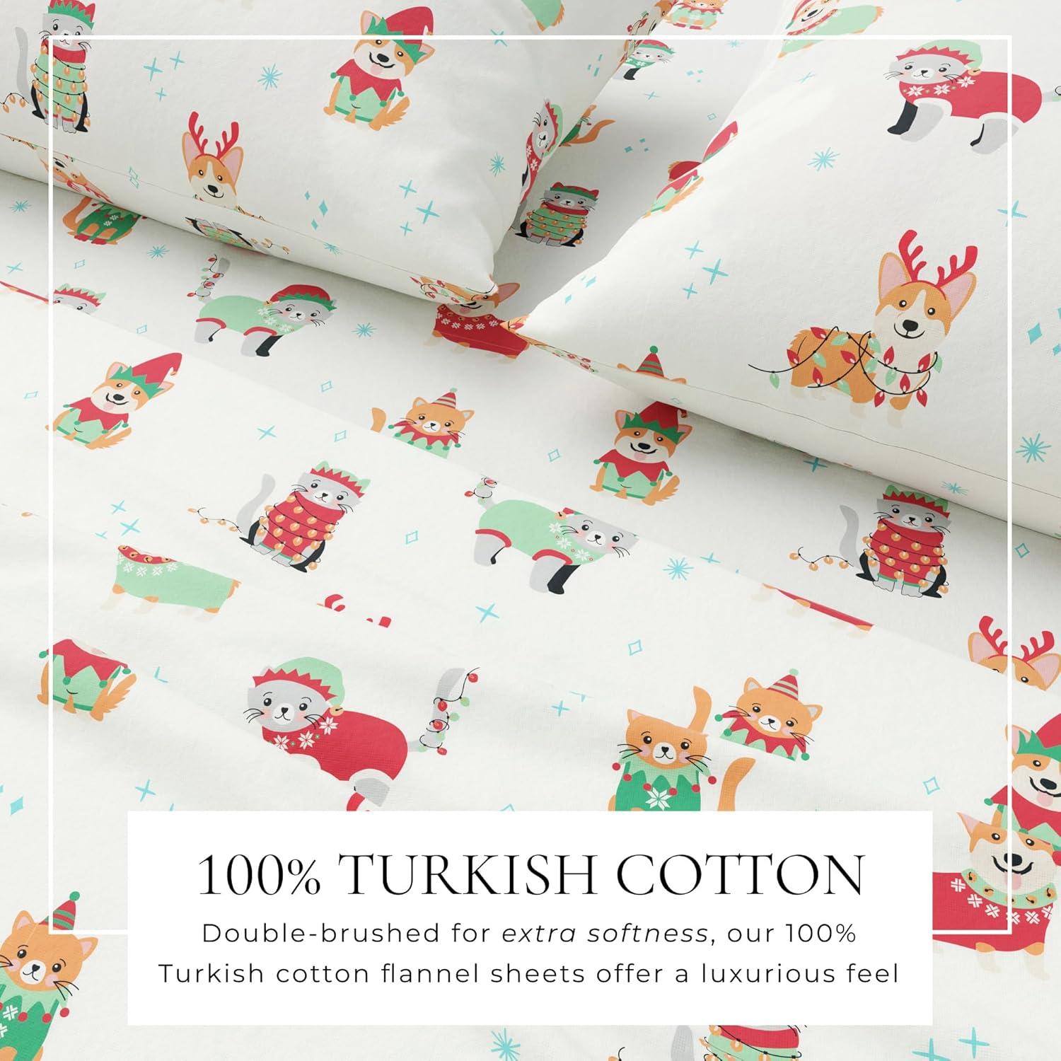 100% Cotton Christmas Flannel Sheets - Great Bay Home (Queen, Dog Cat Christmas)