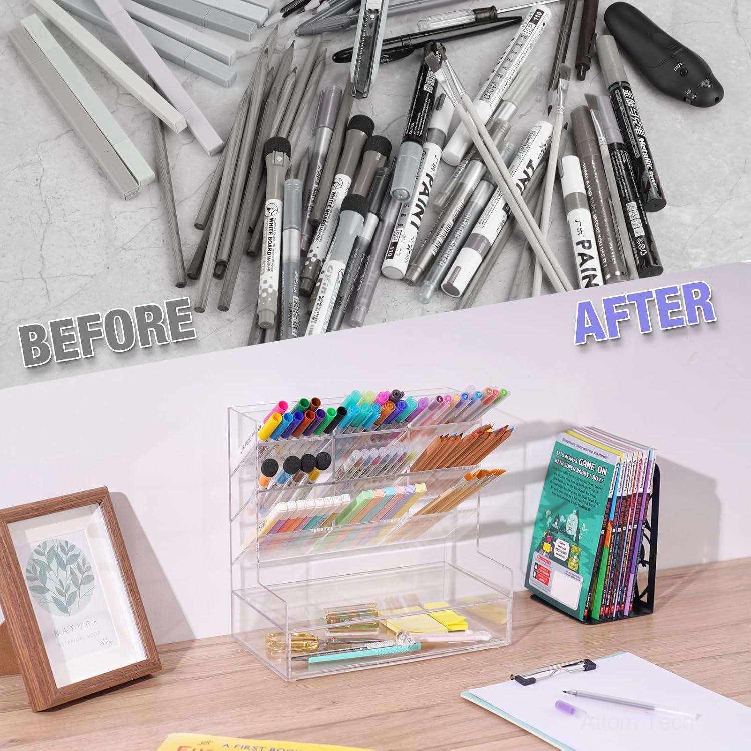 Clear Acrylic Desk Organizer with 10 Compartments for Pens, Writing & Correction Supplies Ideal for Office, School and Home Use