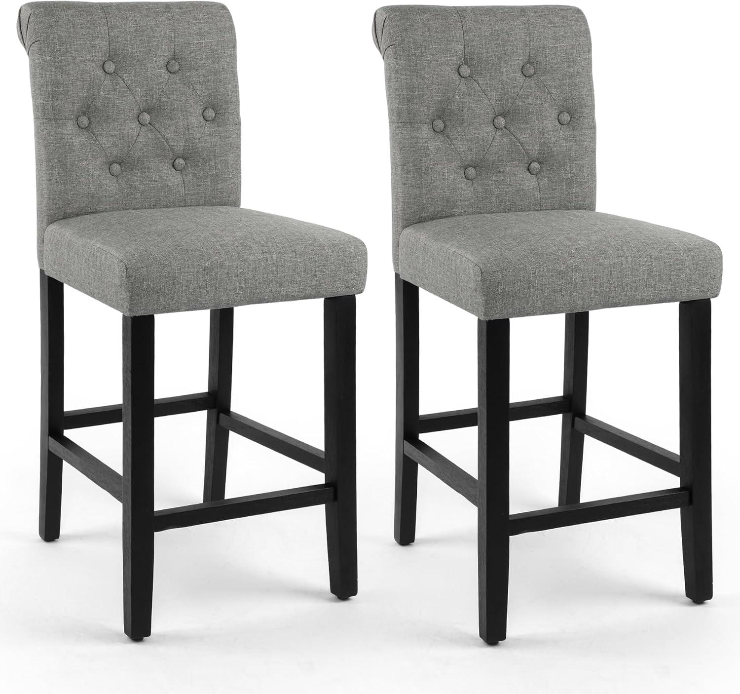 Drevy Bar Stools Set of 2, 24 inch Fabric Counter Height Bar Stools, Kitchen Island Wood Bar Chairs, Solid Wood Legs Barstools, Grey