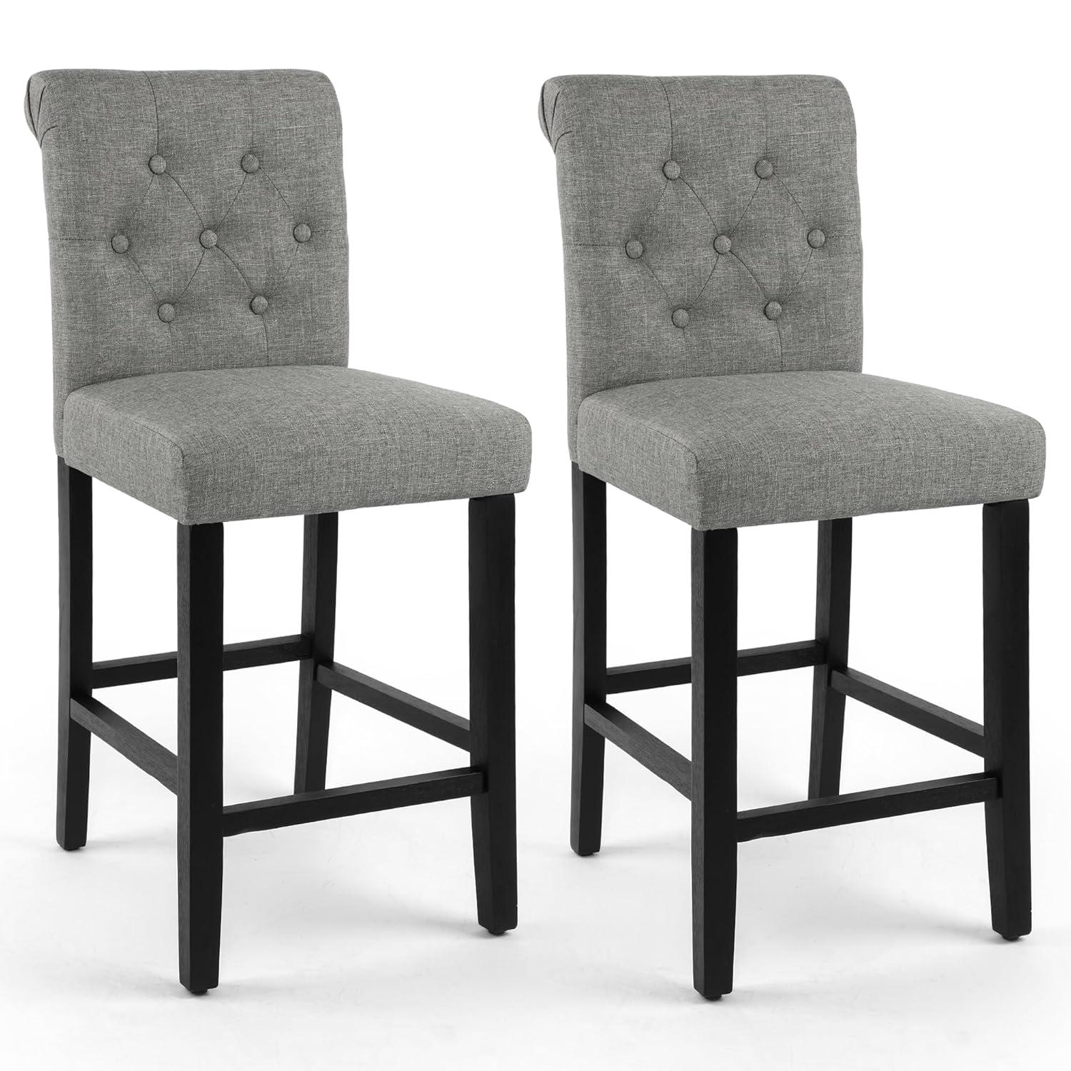Drevy Bar Stools Set of 2, 24 inch Fabric Counter Height Bar Stools, Kitchen Island Wood Bar Chairs, Solid Wood Legs Barstools, Grey