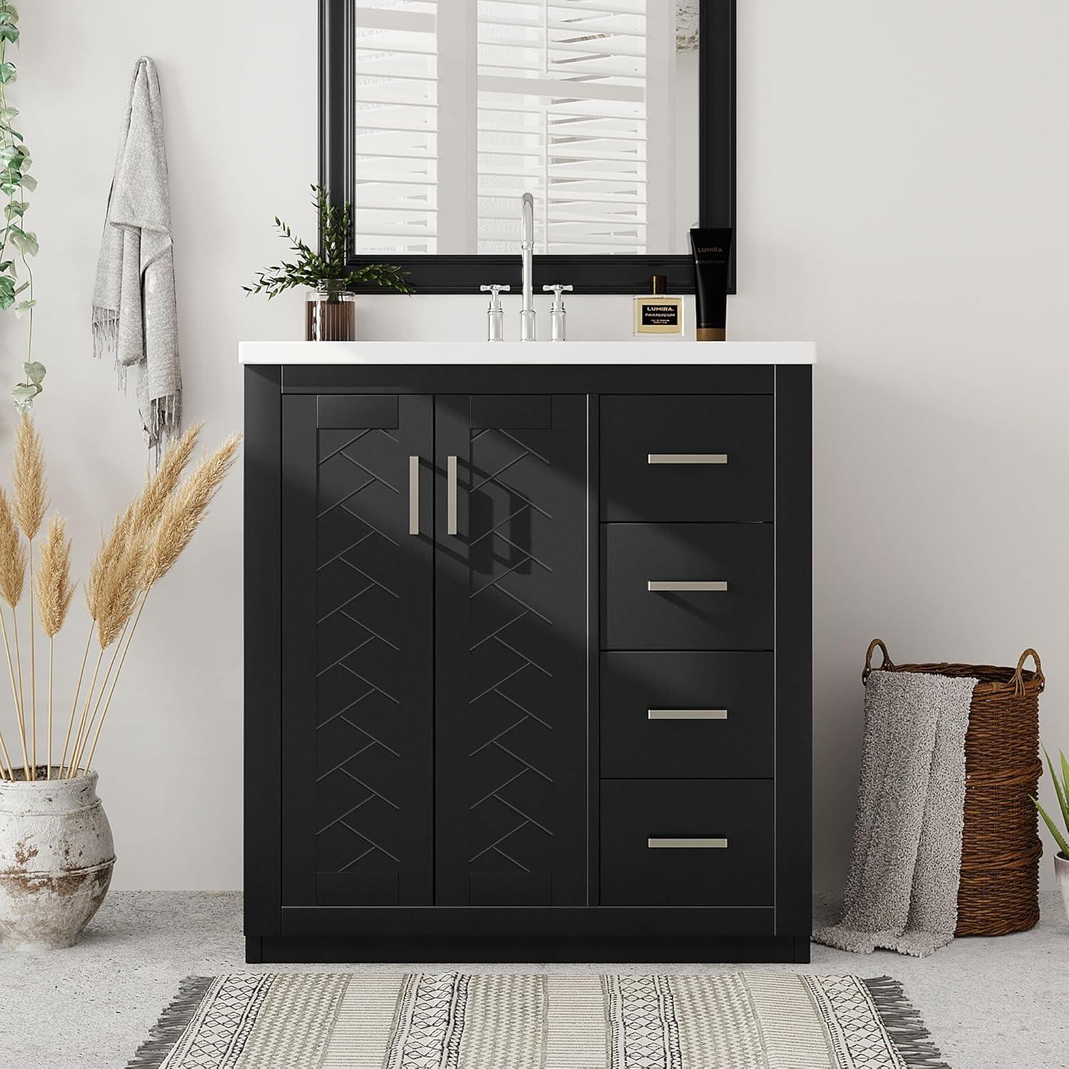 30" Bathroom Vanity with Single Sink, Modern Bathroom Vanity with 3 Drawers & 2 Doors, Solid Wood Bathroom Storage Cabinet with Undermount Sink, Black