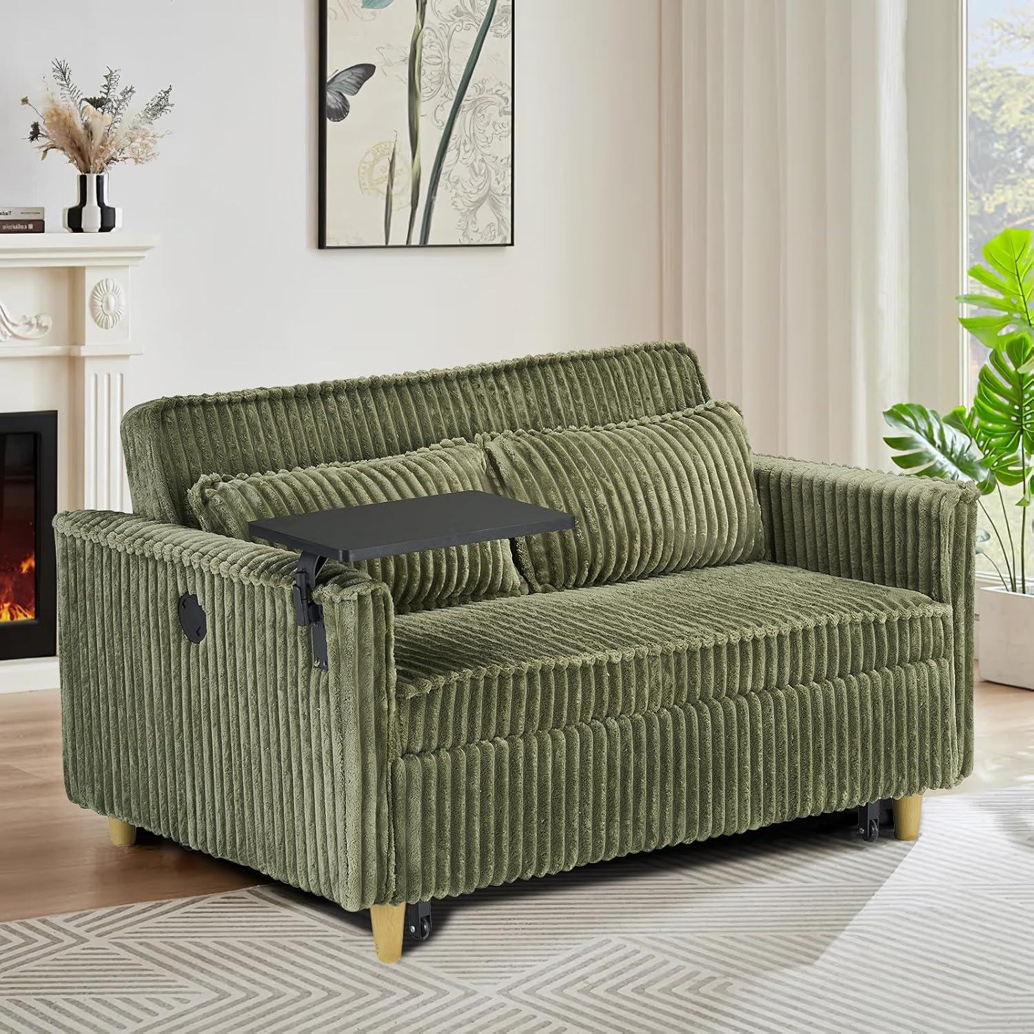 54"W Convertible Sleeper Sofa Bed,3-In-1 Corduroy Pull Out Couch Bed,Futon Loveseat Sleeper Couch with Adjustable Backrest and USB Ports & Side Table,Recliner for Living Room,Office,Small Space,Green