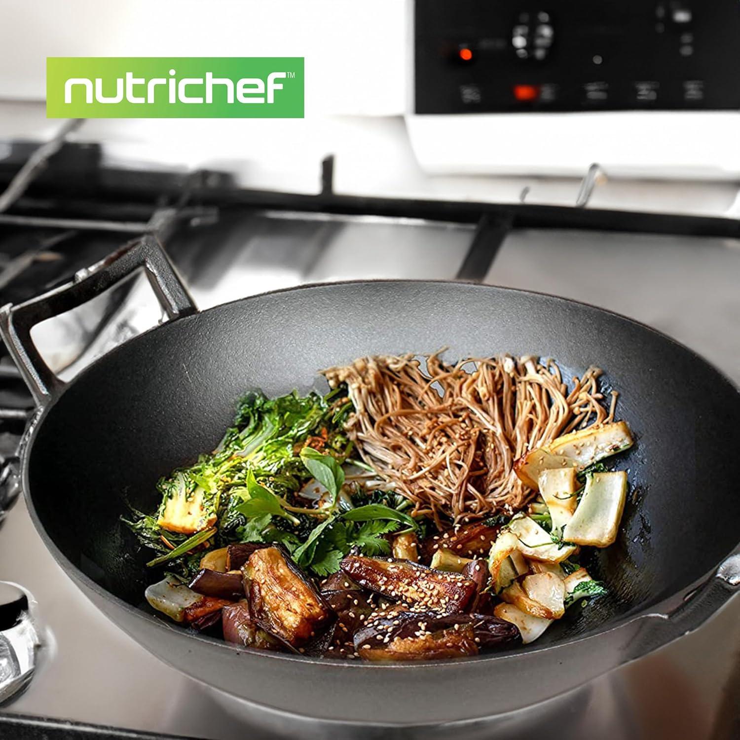 Open Box NutriChef Cooking Wok Cast Iron Stir Fry Pan with Wooden Lid, Black