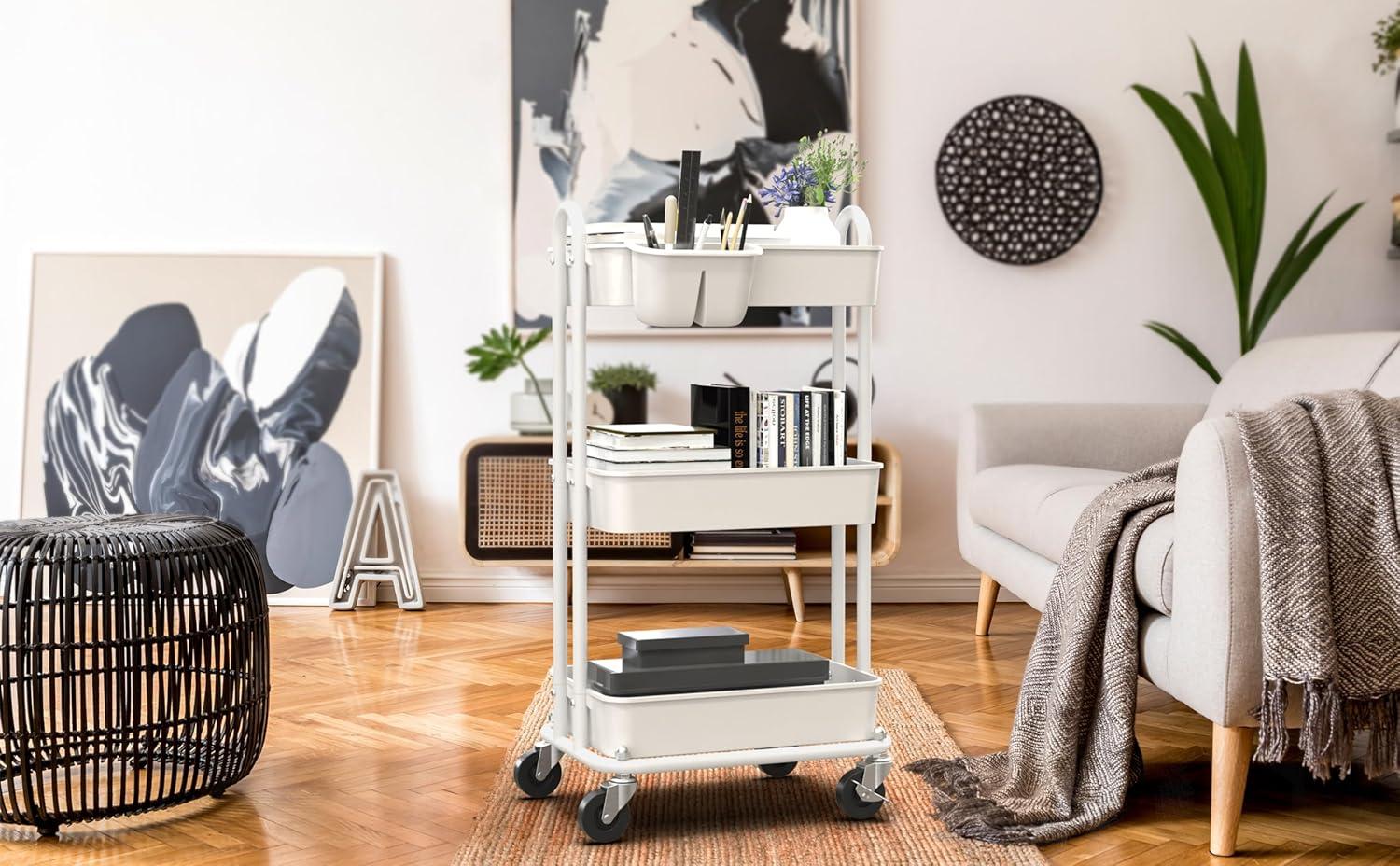 Simple Houseware 3-Tier Multifunctional Rolling Utility Cart with Hanging Bucket, White