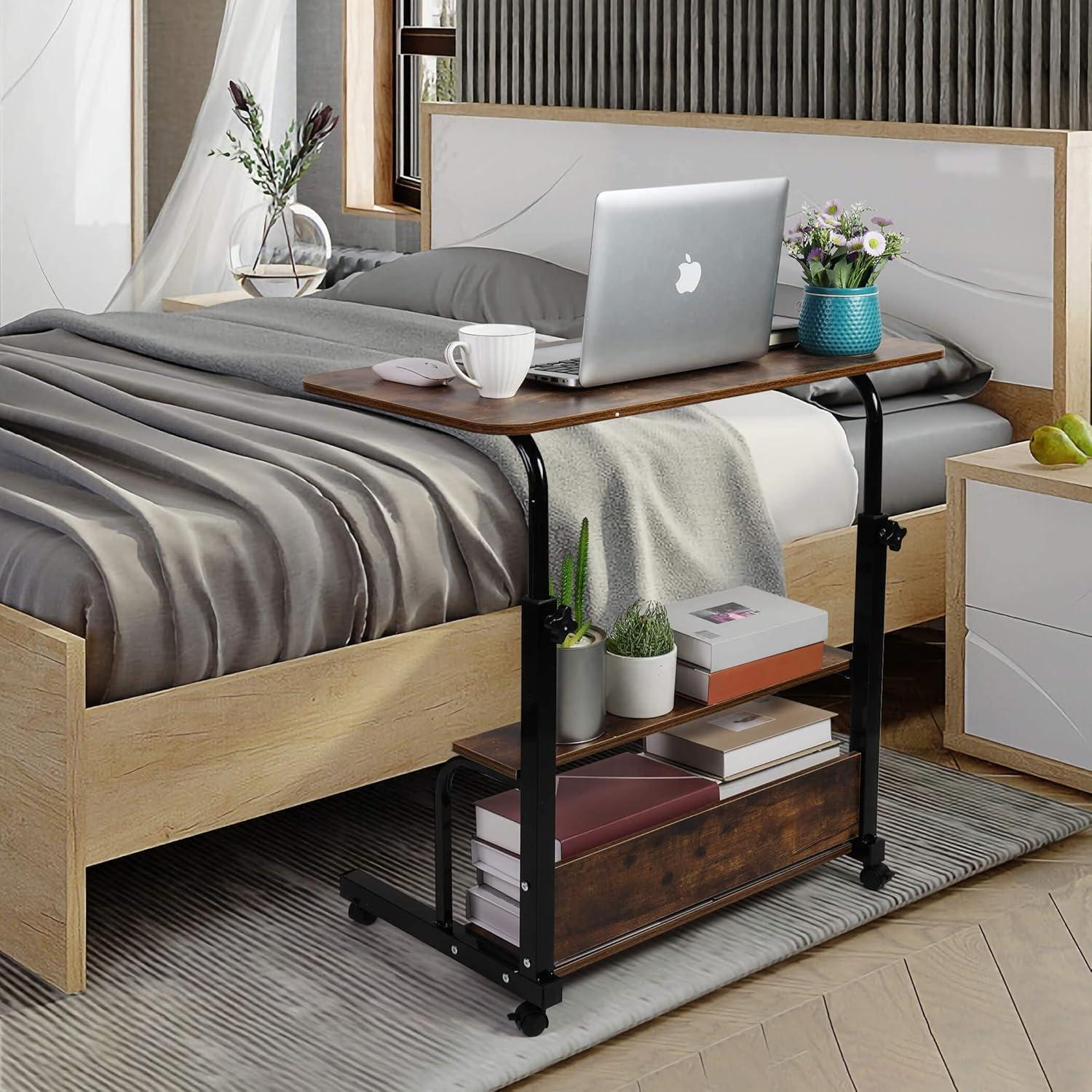 Adjustable Table Student Computer Desk Portable Home Office Furniture Small Spaces Sofa Bedroom Bedside Learn Play Game on Wheels Movable with Storage Size 31.5 * 15.7 in Oak D