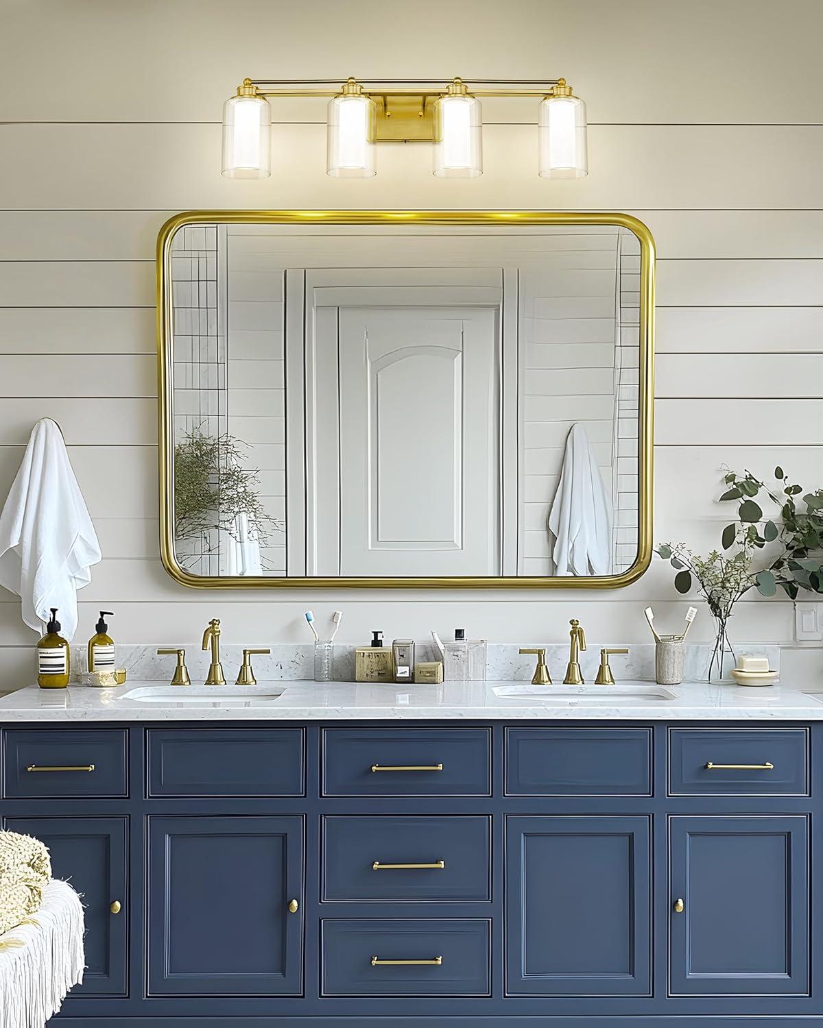 4 Light Bathroom Vanity Light, HWH Brushed Gold Vanity Lights for Bathroom Brass Bathroom Light Fixtures Clear Glass, Dimmable LED Vanity Lights for Mirror 24W 5CCT, 5HLT63B-4W-LED BG