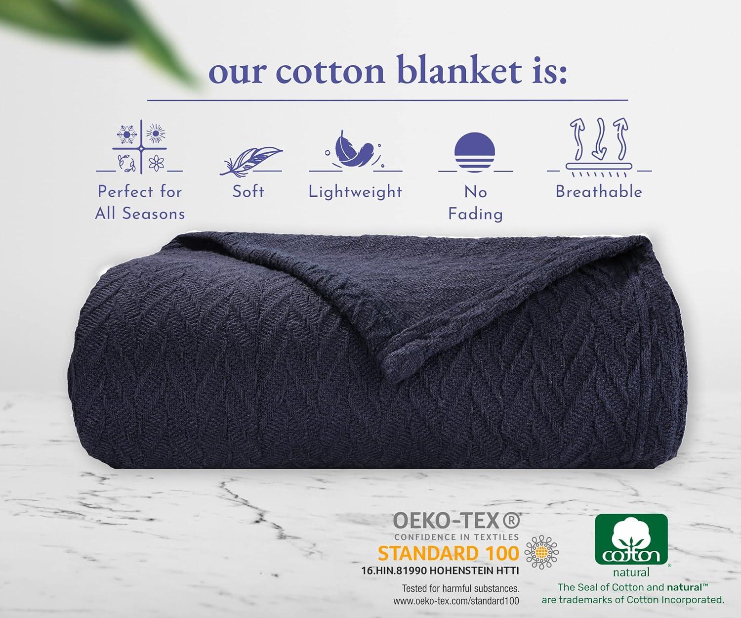 Bed Blanket | Soft 100% Cotton | Herringbone Design | All-Season Thermal Layering by California Design Den - Navy, Twin (62" x 94")