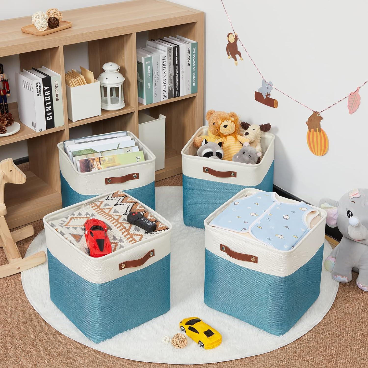 Tegance 13x13 Storage Cubes Baskets 4 Pack Fabric Cube Storage Bins Large Storage Baskets with Leather Handles,Decorative Storage Boxes for Organizing Shelves(WhiteGreen)